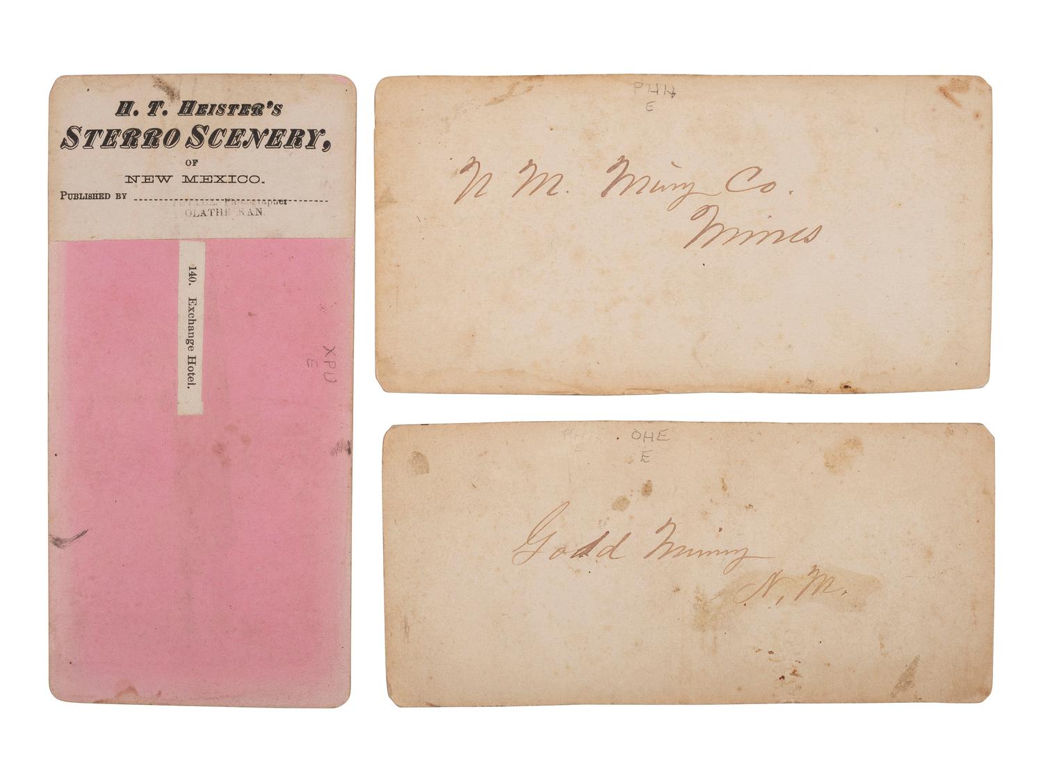 [WESTERN AMERICANA - MINING]. [HEISTER, H.T., photographer]. A group of 3 stereoviews, incl. images of gold mining in New Mexico and the Exchange Hotel. [Santa Fe, NM]: ca 1870s.