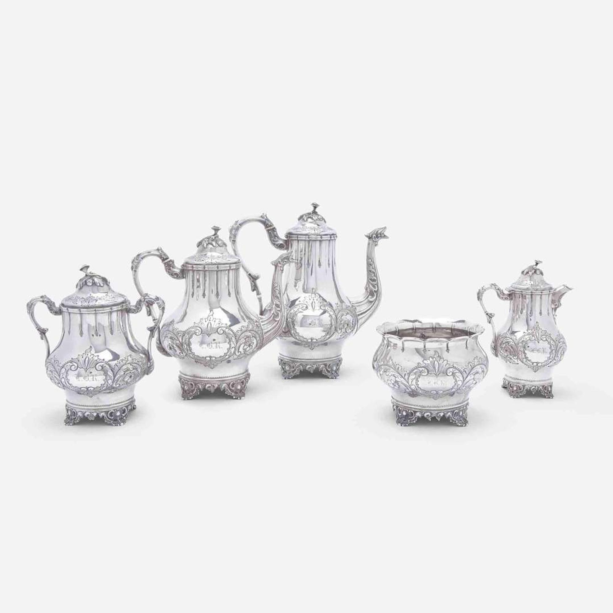 A five-piece coin silver repoussé tea and coffee service Wood & Hughes, New York, NY, circa 1850