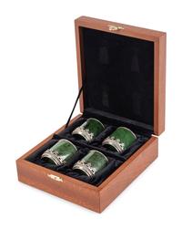 A Set of Four Silver and Ruby Mounted Spinach Jade Cups