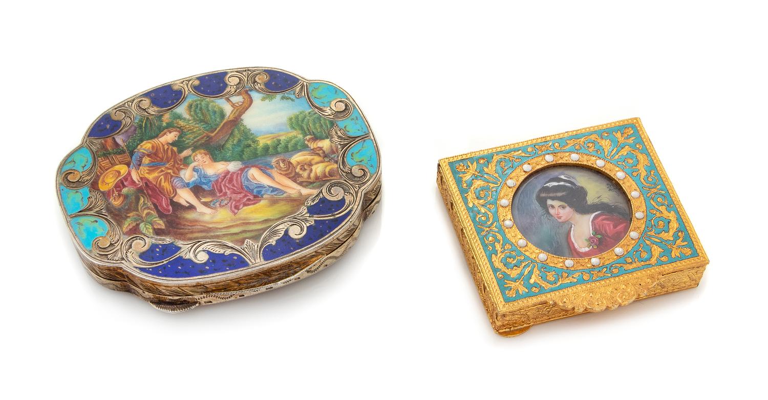 A Group of Two Continental Enameled Compacts, Early 20th Century, comprising a Continental silver compact and a gilt metal compact.