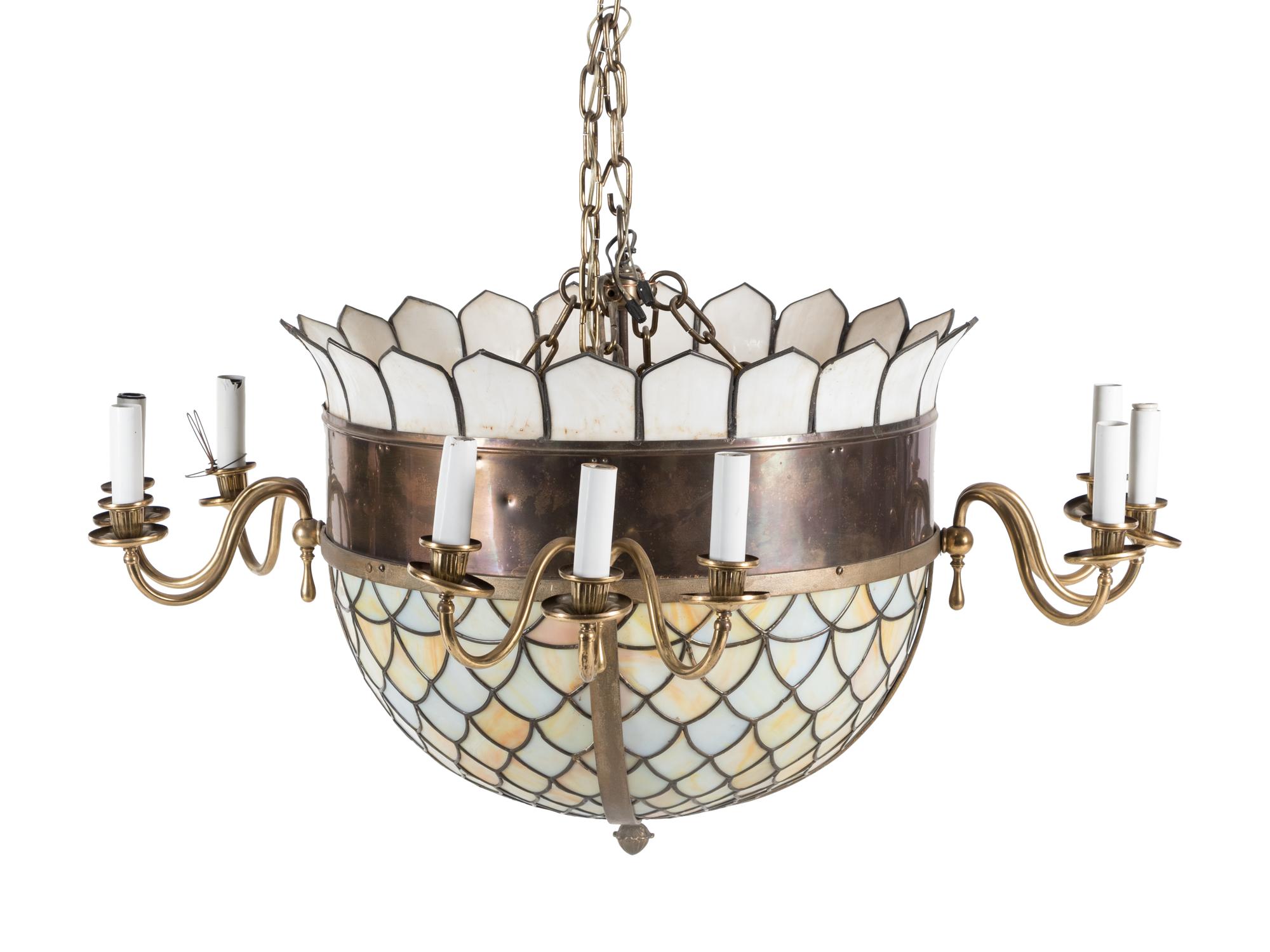 An American Leaded Glass Twelve-Light Chandelier