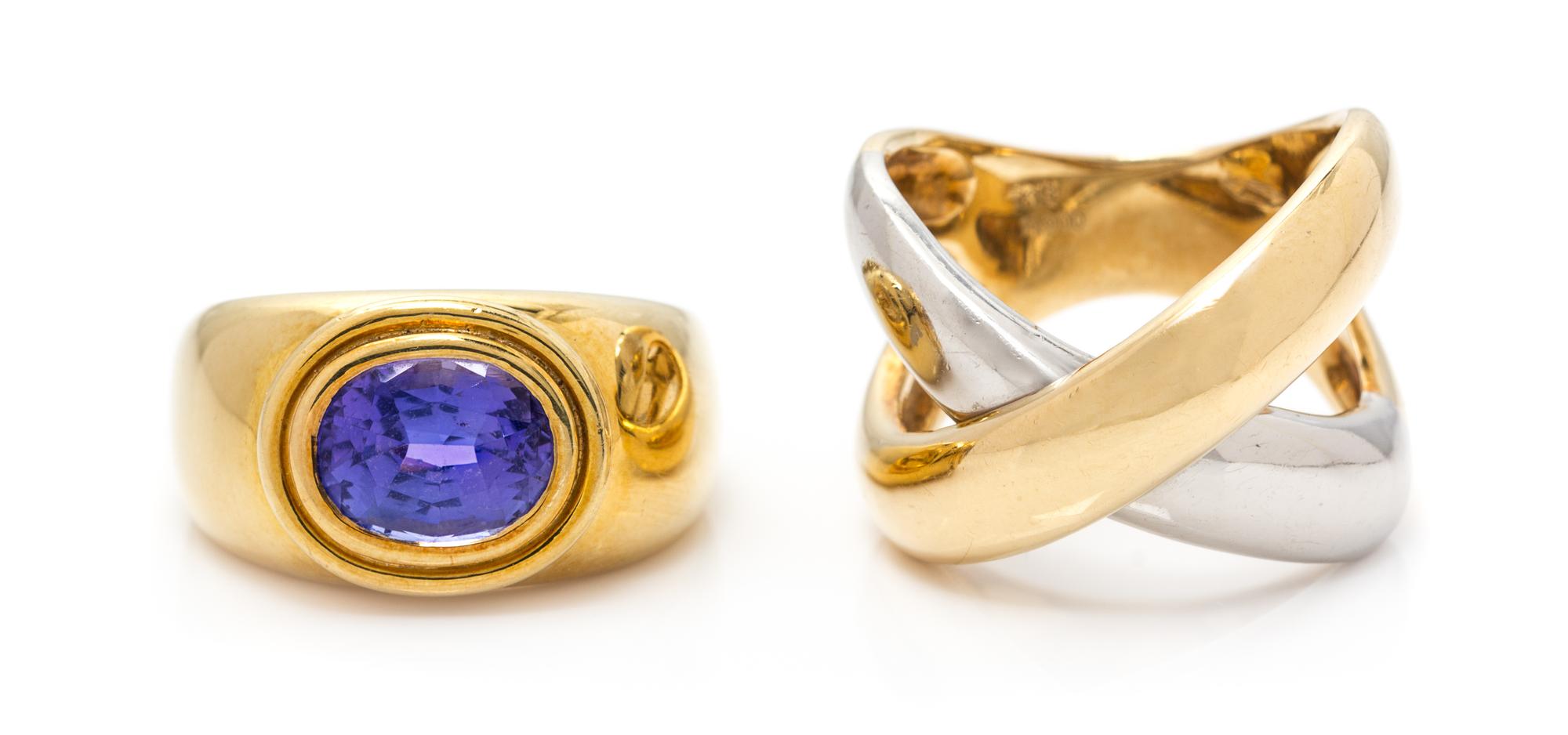 An 18 Karat Yellow Gold and Tanzanite Ring and Platinum and 18 Karat Yellow Gold Ring, 11.35 dwts.