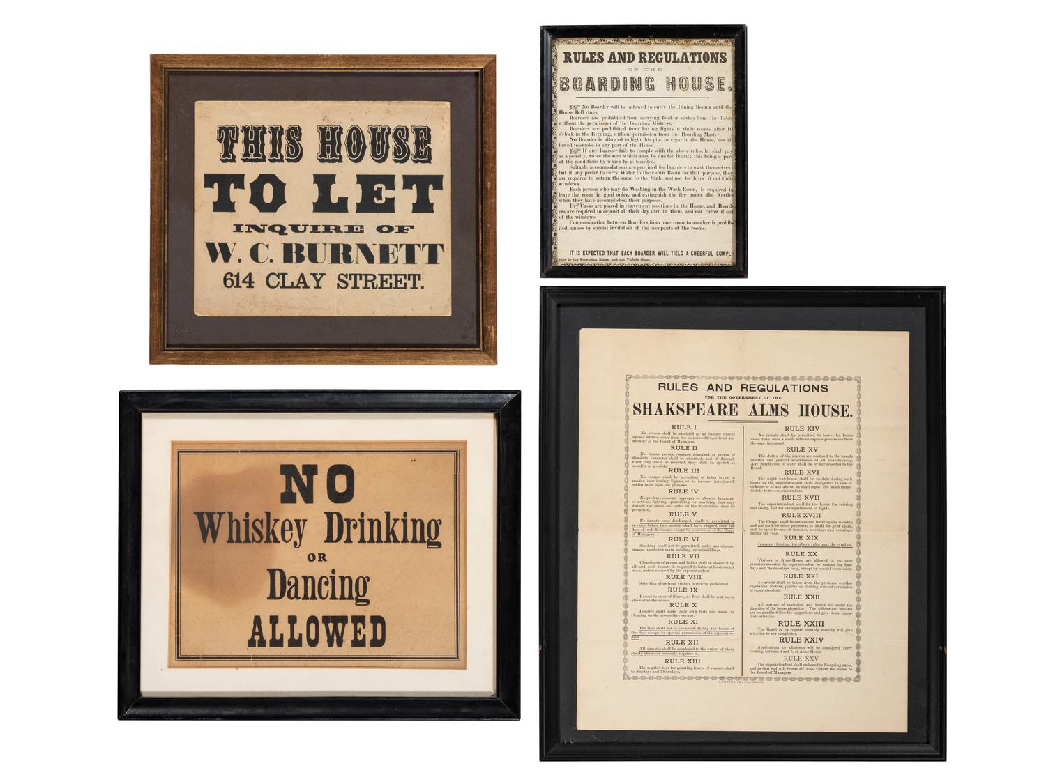 [RULES & REGULATIONS] -- [LODGING]. A group of 4 broadsides outlining rules and regulations and matters related to lodgings and other establishments.