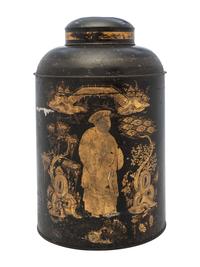 An English Chinoiserie Tole Painted Tea Cannister