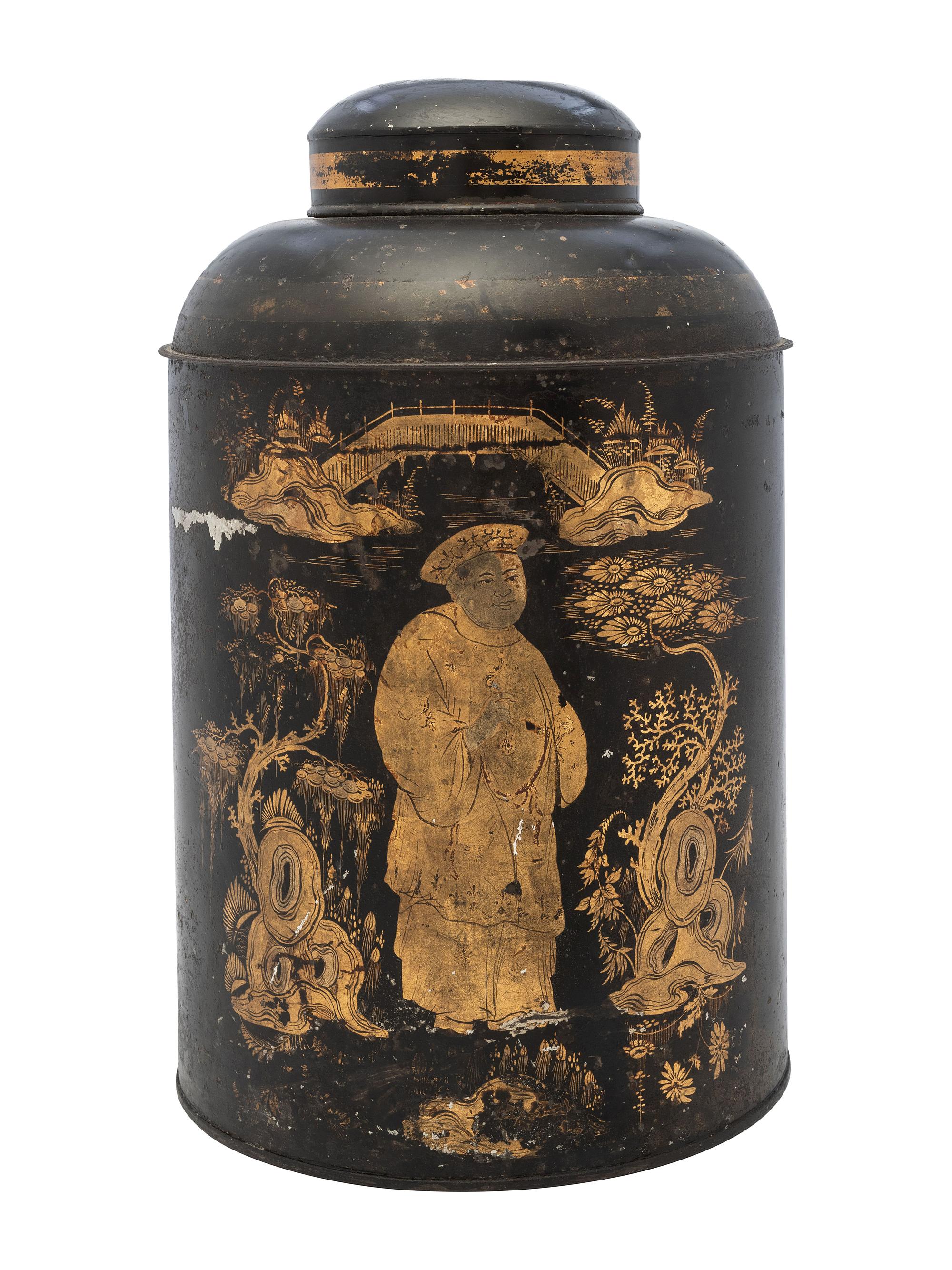 An English Chinoiserie Tole Painted Tea Cannister