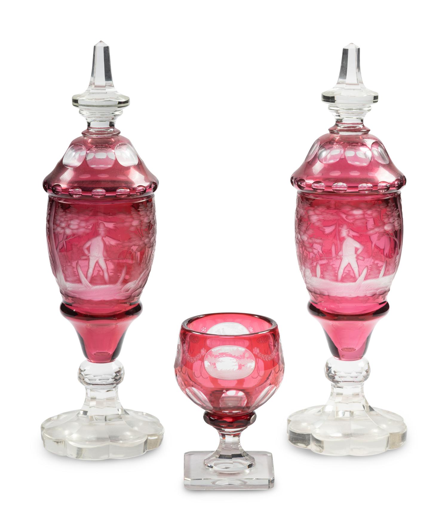 A Pair of Bohemian Red Cut-to-Clear Glass Pokals