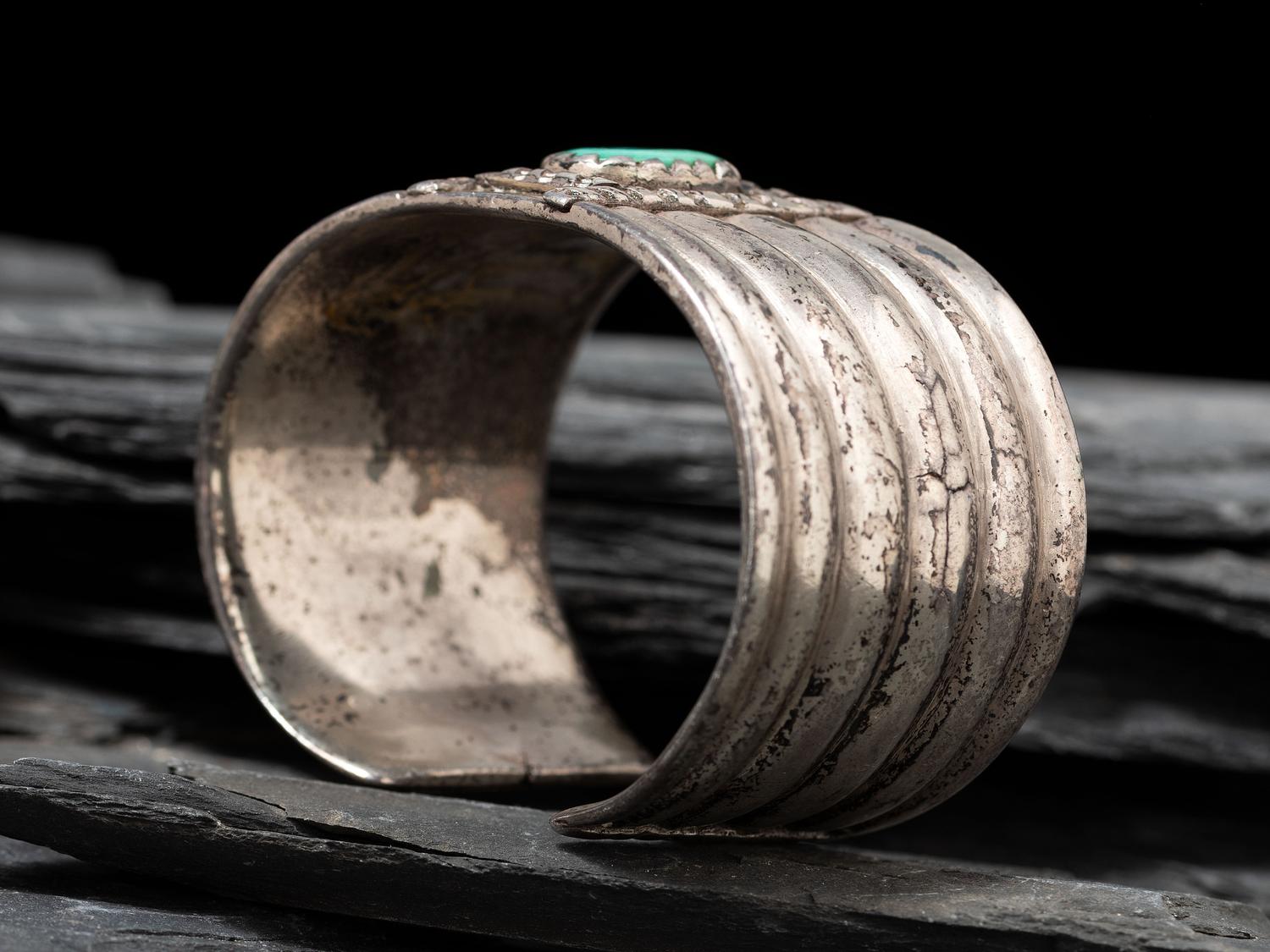 Navajo Ingot Cuff Bracelet, with Drilled Turquoise Stone, Collected by Hoffman Birney (1891-1958)
