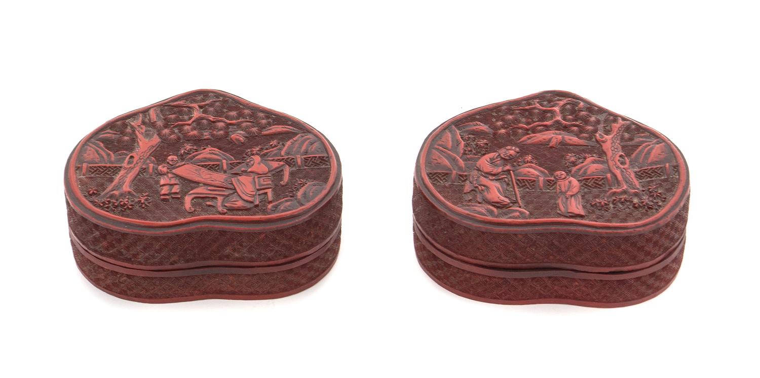 A Matched Pair of Cinnabar Lacquer Boxes and Covers Width 4 1/4 inches.