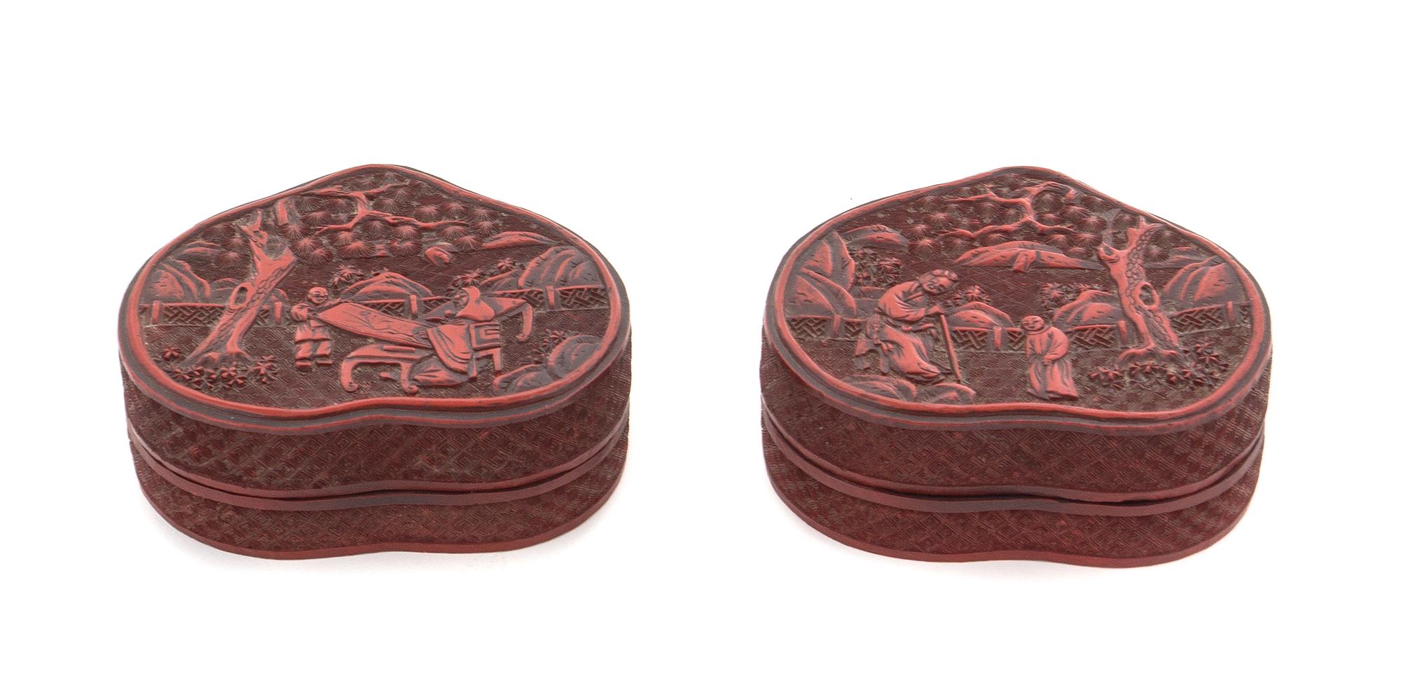 A Matched Pair of Cinnabar Lacquer Boxes and Covers Width 4 1/4 inches.