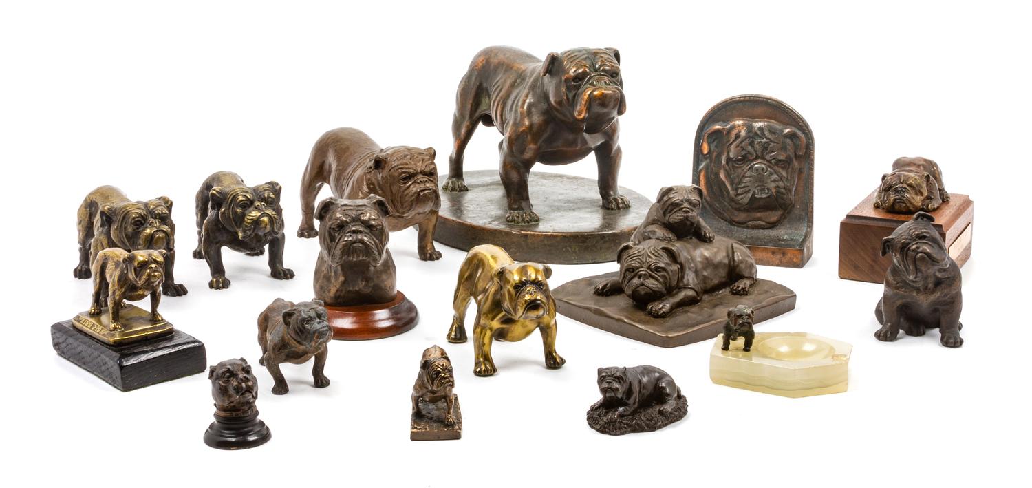 A Group of Sixteen Bulldog Figures Width of widest 9 3/4 inches.