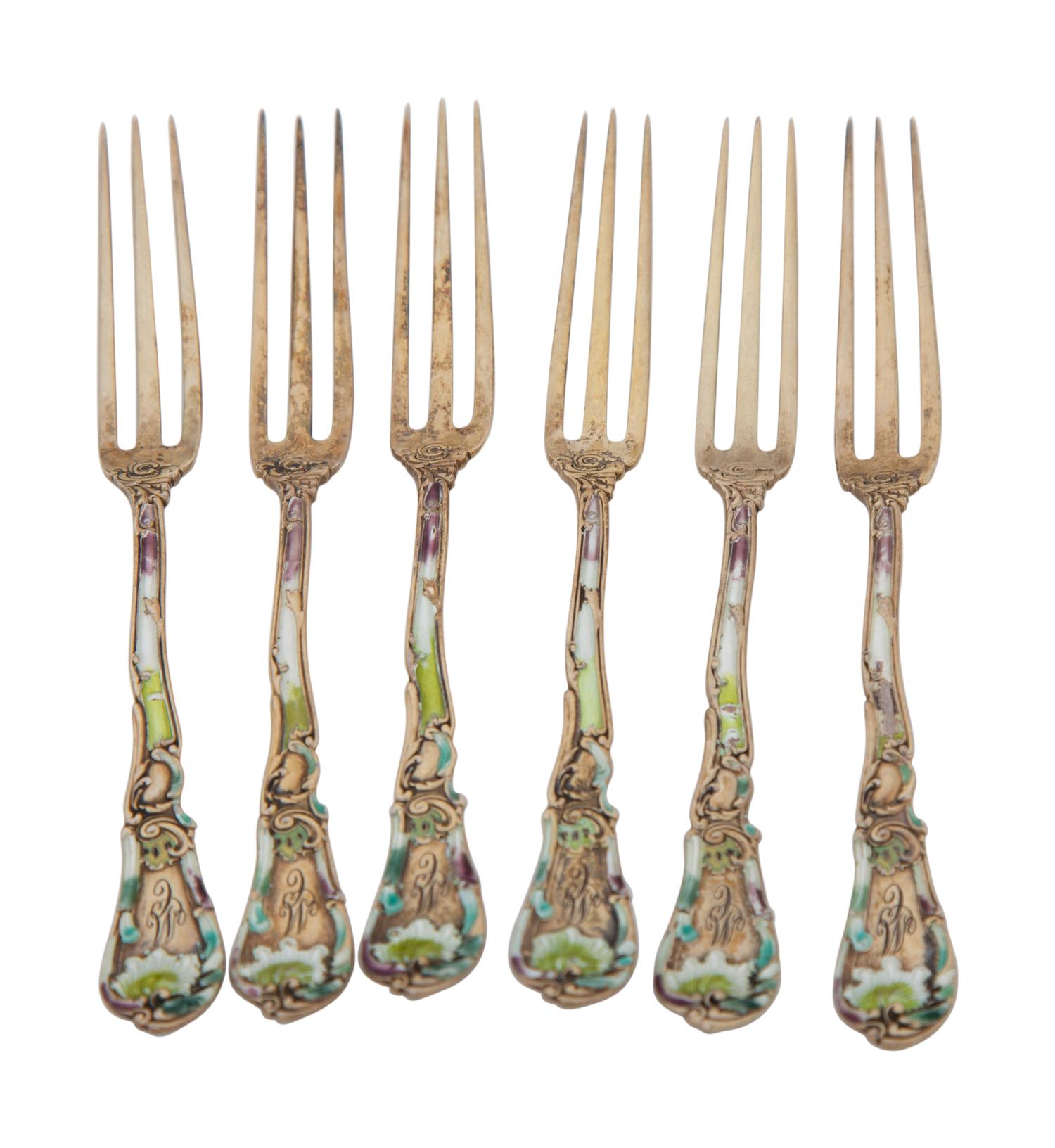 Twelve American Vermeil Silver and Enamel Strawberry Forks and Serving Spoon — GORHAM MFG., PROVIDENCE, RI