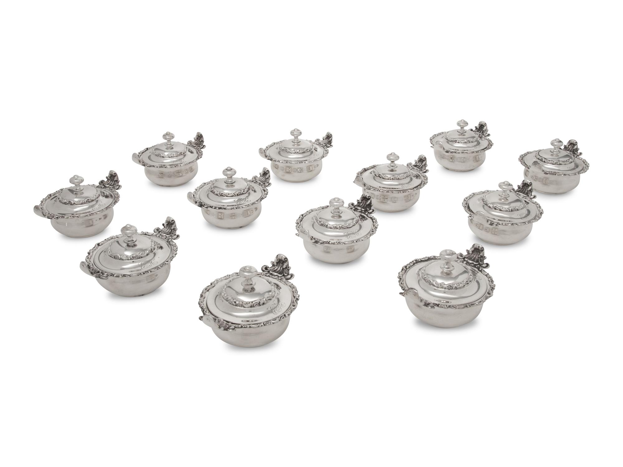 A Set of Twelve American Silver Covered Bouillon Bowls and Underplates