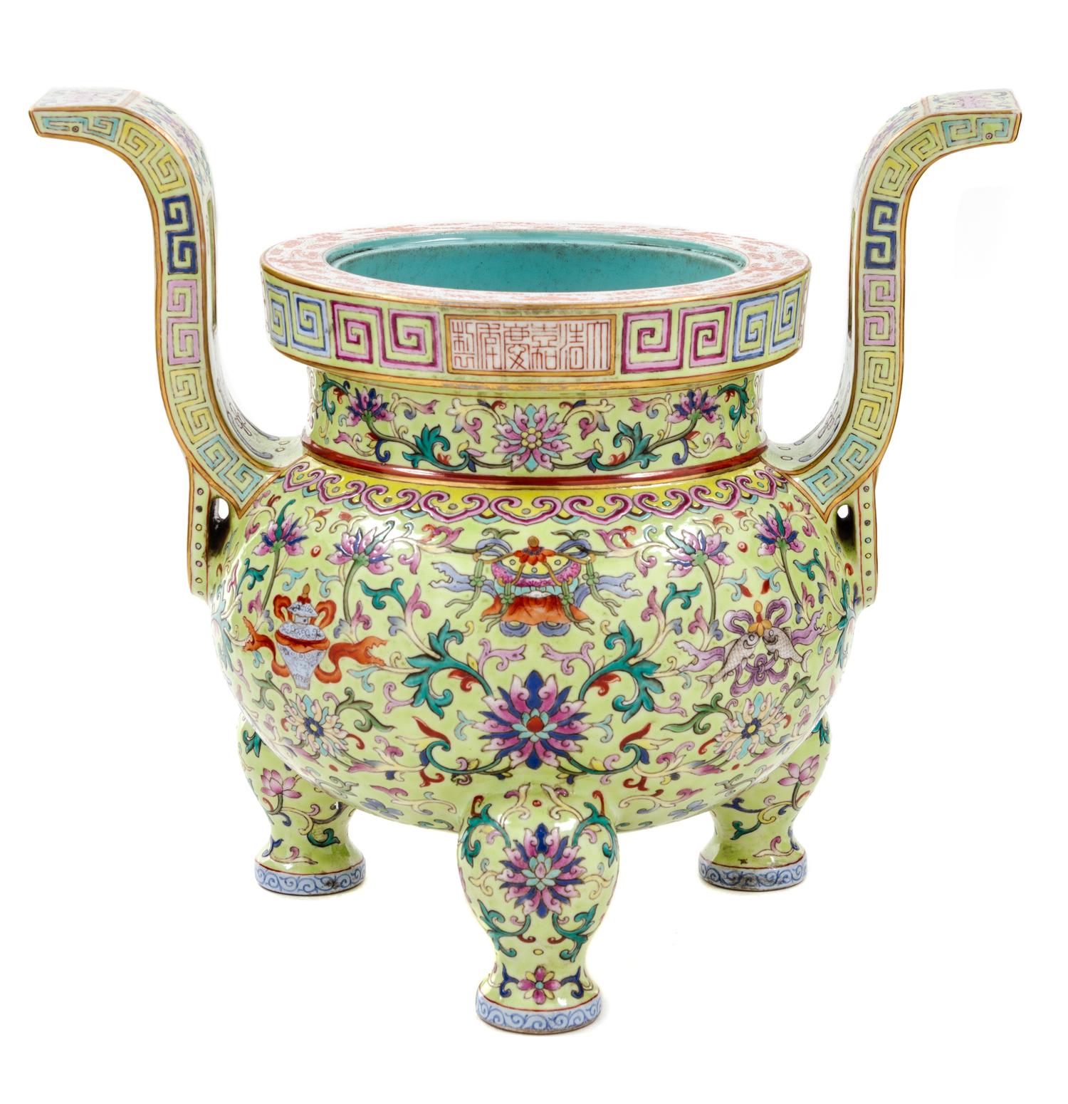 A Lime-Green Ground Famille Rose Porcelain Incense Burner