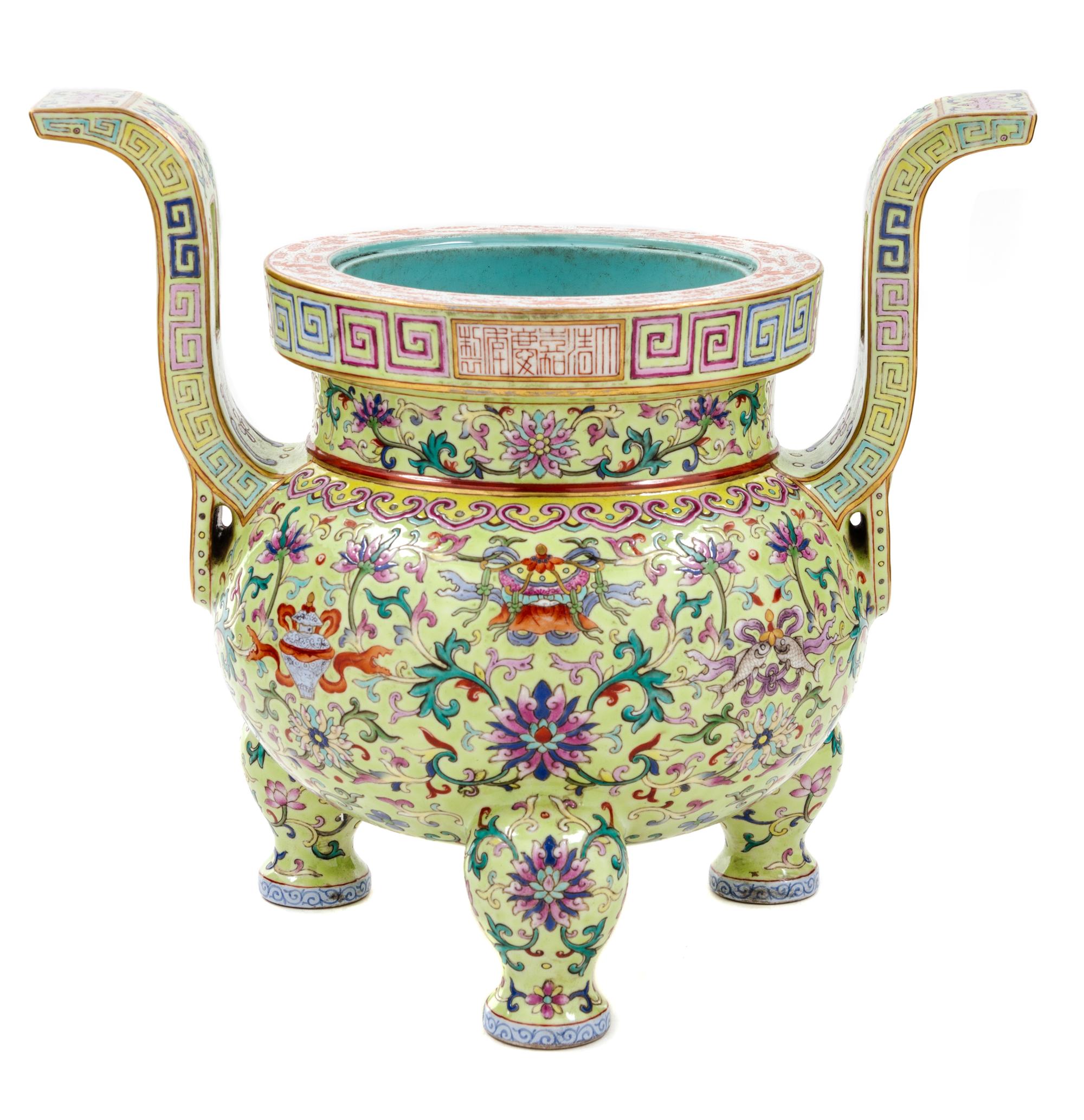 A Lime-Green Ground Famille Rose Porcelain Incense Burner