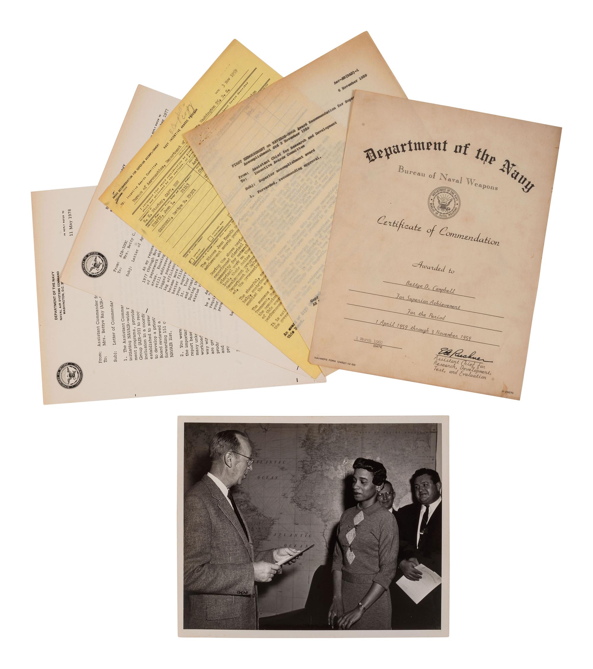 [WOMEN] -- [MILITARIA]. Collection of commendations and ephemera associated with Mrs. Bettye Campbell Ray (1937-2022), Department of the Navy. Ca 1950s-1970s.