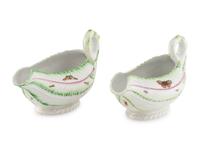 A Pair of Worcester Porcelain Leaf-Molded Sauce Boats
