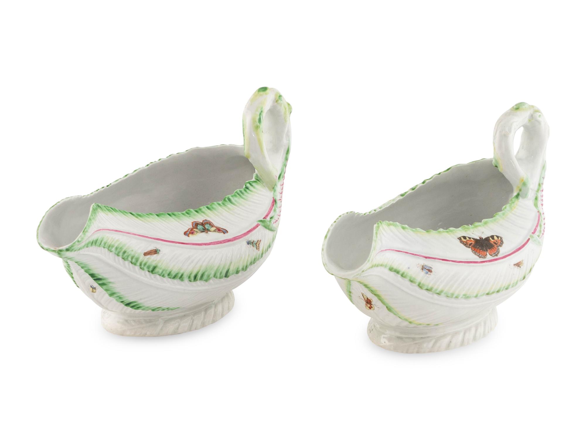 A Pair of Worcester Porcelain Leaf-Molded Sauce Boats