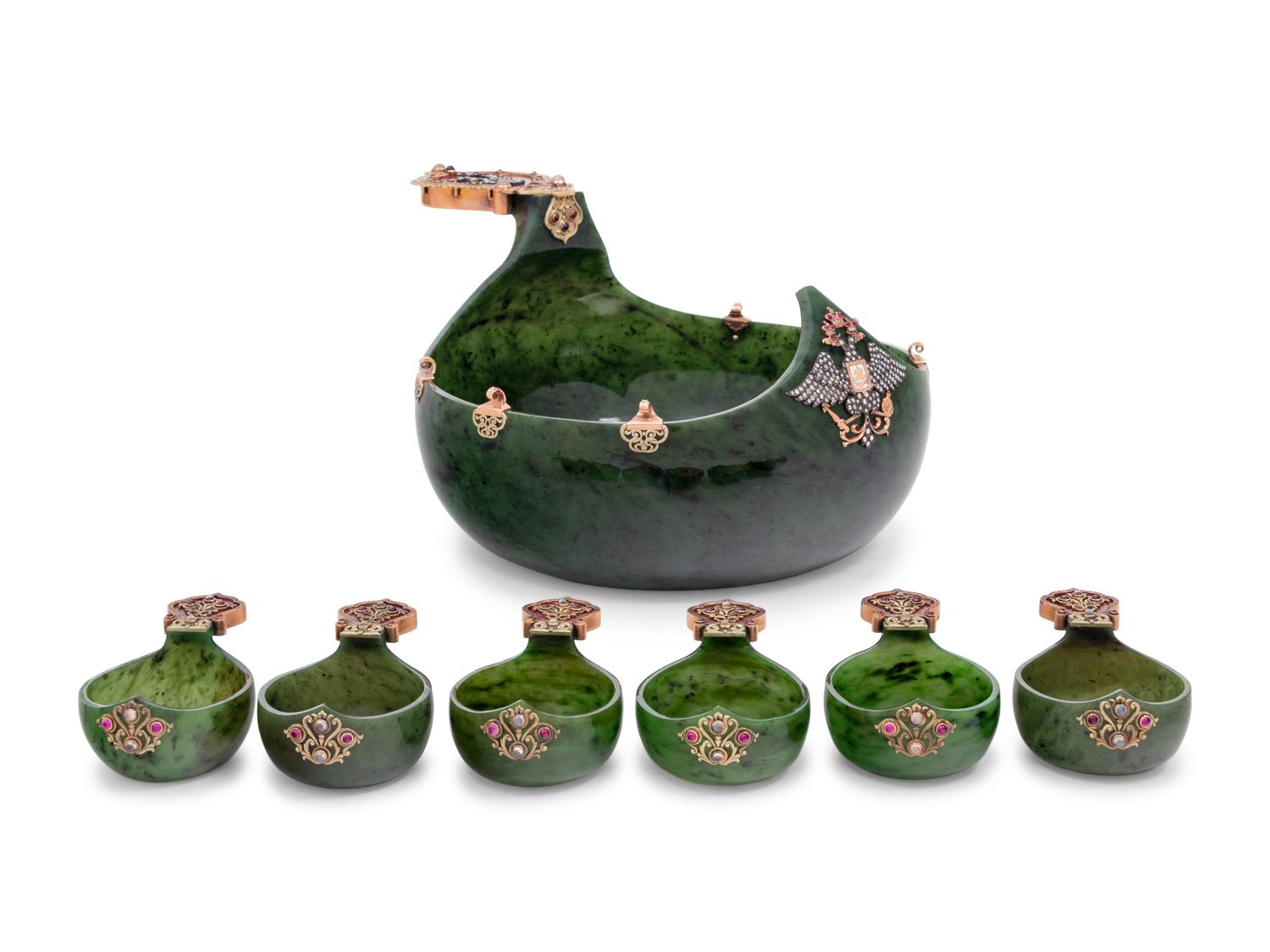 A Large Russian 14-Karat Gold, Enamel and Gemstone Mounted Spinach Jade Kovsh-Form Punch Service