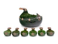 A Large Russian 14-Karat Gold, Enamel and Gemstone Mounted Spinach Jade Kovsh-Form Punch Service