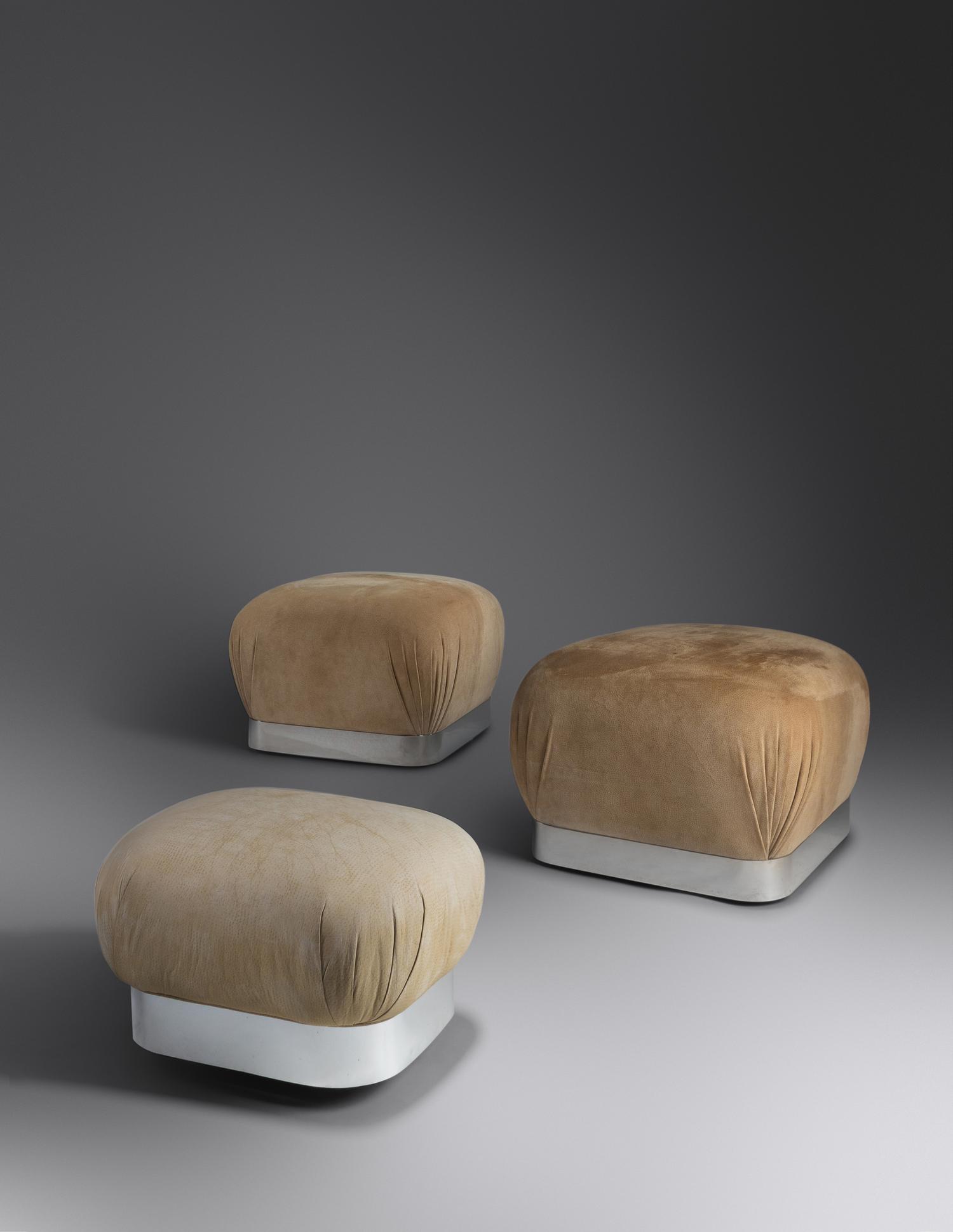 A Pair of Souffle Ottomans/Poufs, together with an unattributed footstool Karl Springer Ltd., USA