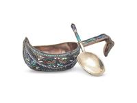 A Russian Silver and Cloisonné Enamel Kovsh and Spoon