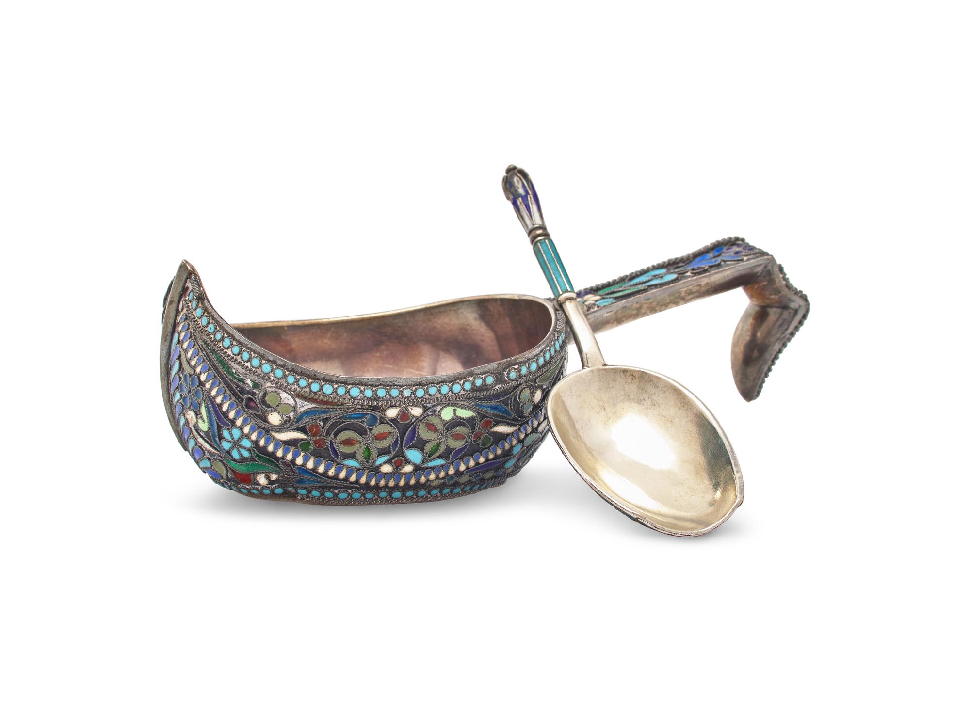 A Russian Silver and Cloisonné Enamel Kovsh and Spoon
