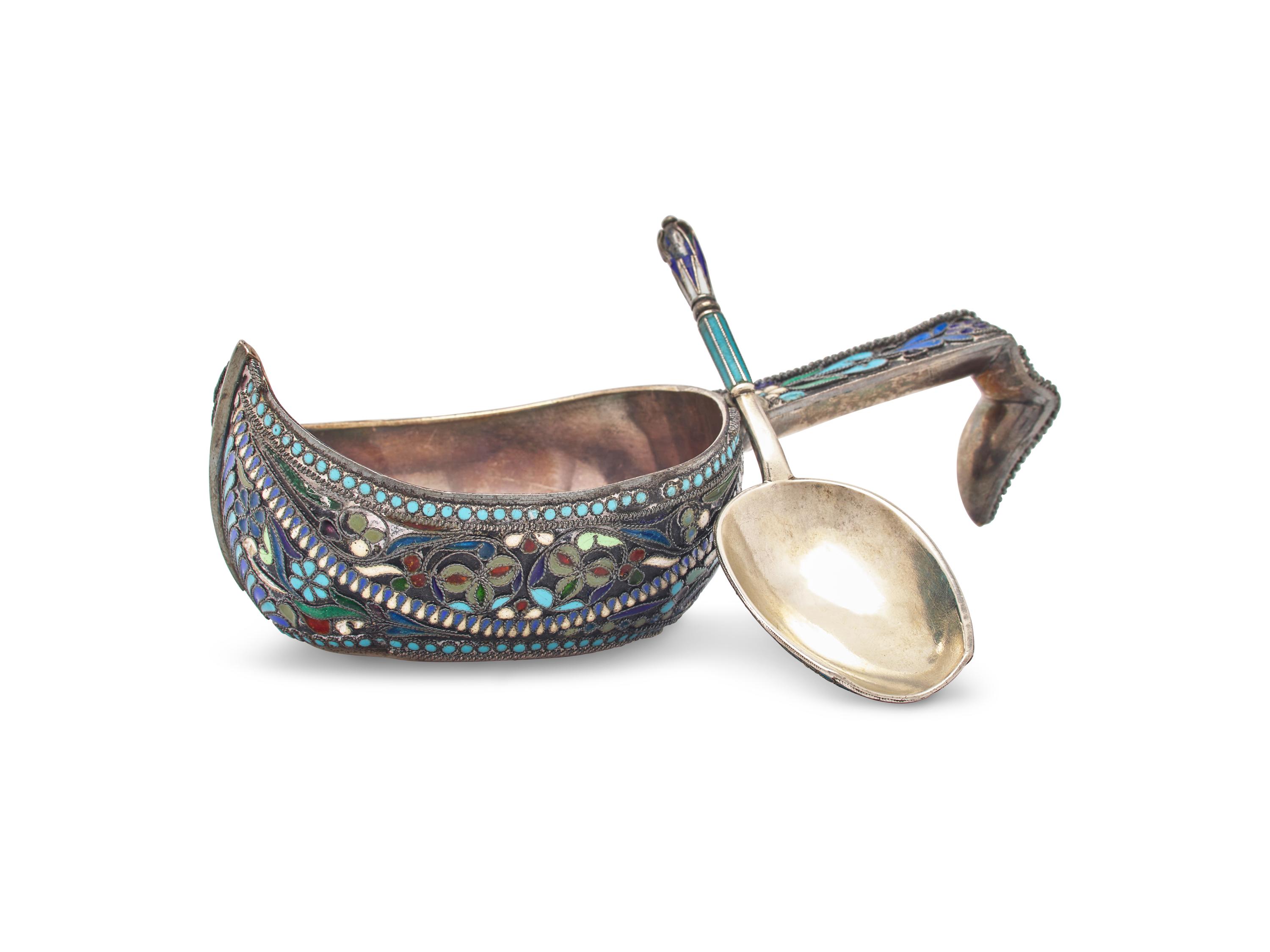 A Russian Silver and Cloisonné Enamel Kovsh and Spoon