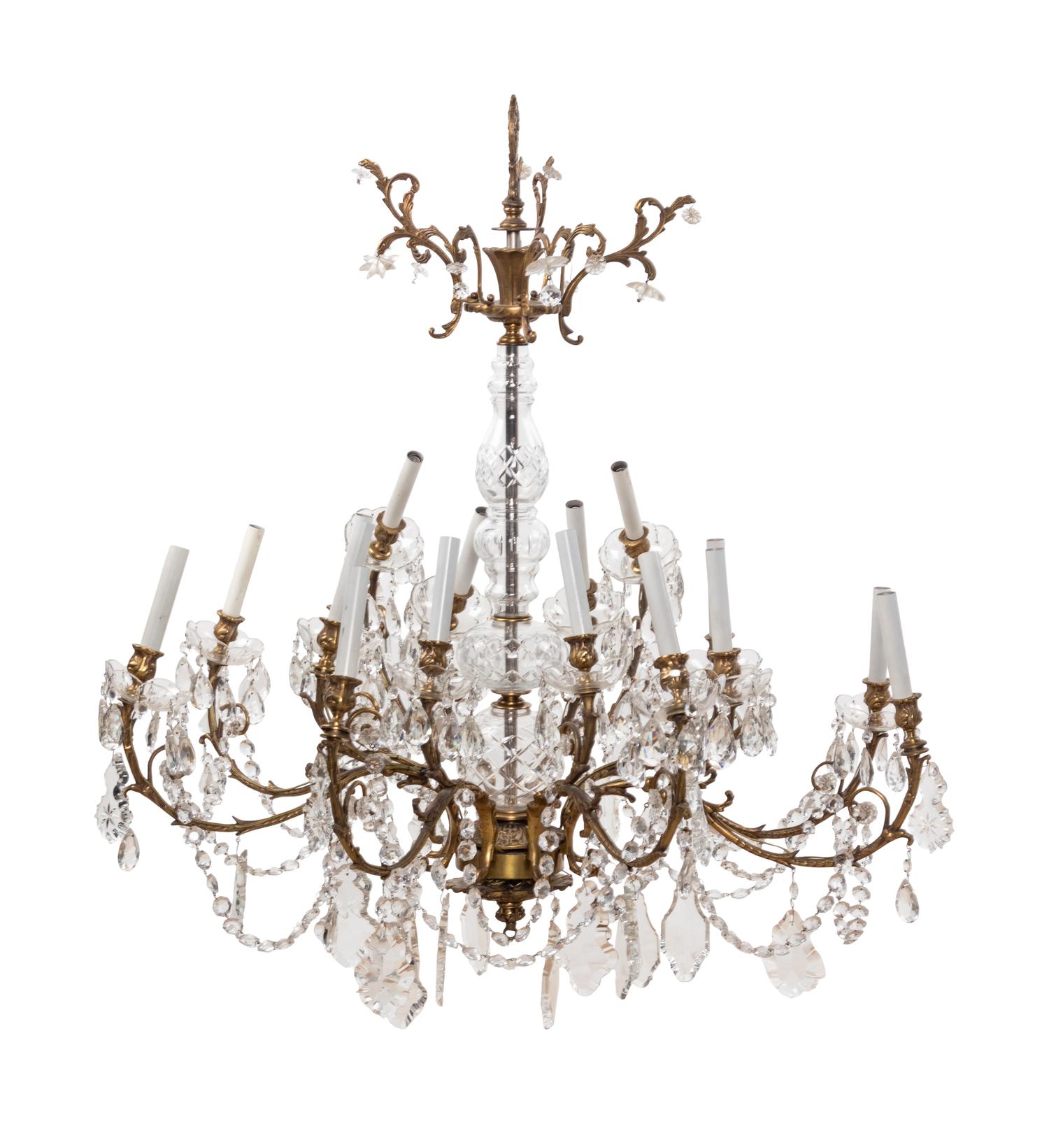 A Brass and Cut Glass Sixteen-Light Chandelier