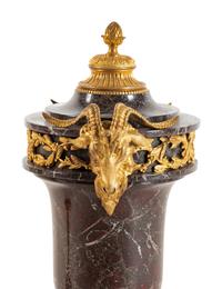 A Pair of Louis XVI Style Gilt Bronze Mounted Marble Urns