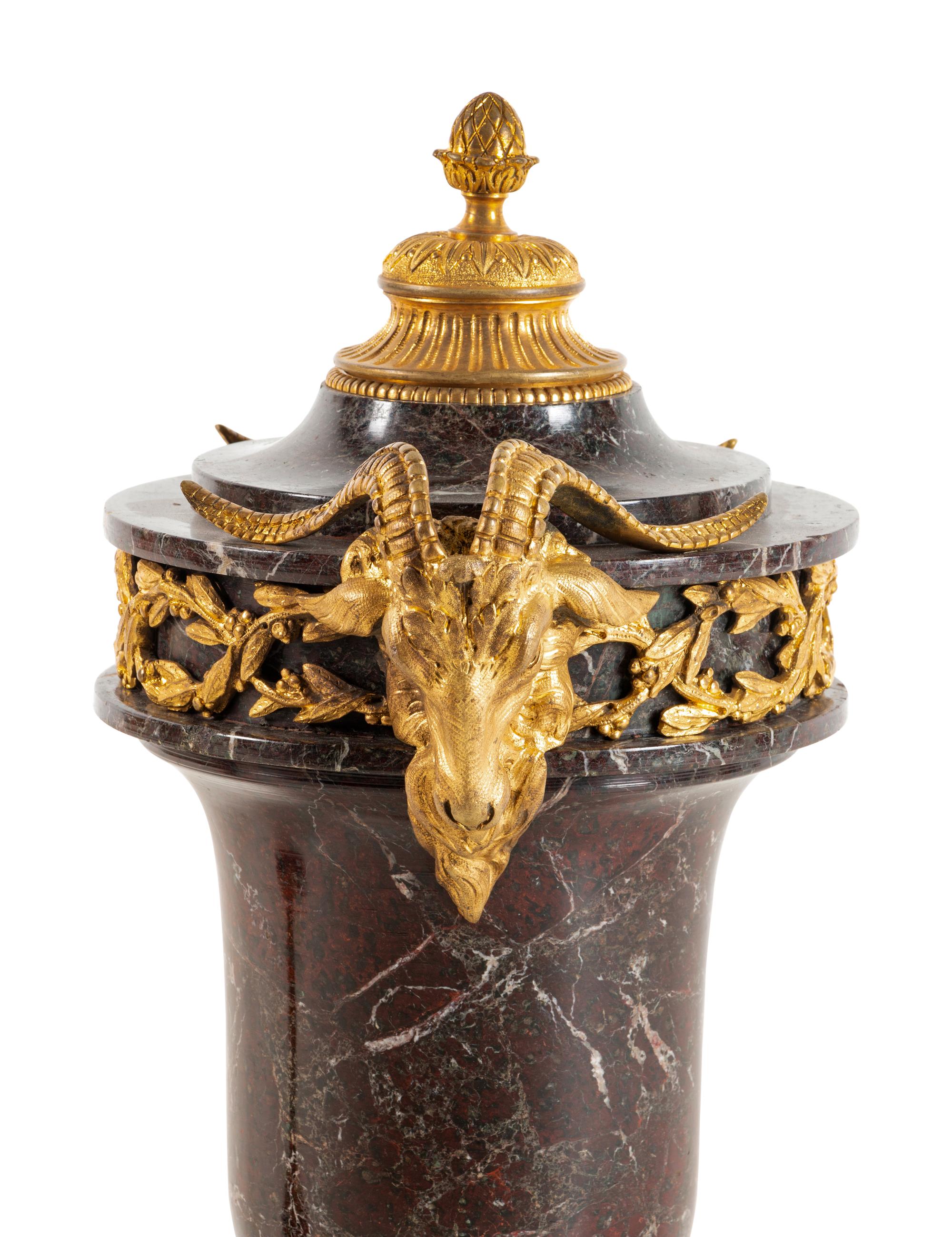 A Pair of Louis XVI Style Gilt Bronze Mounted Marble Urns