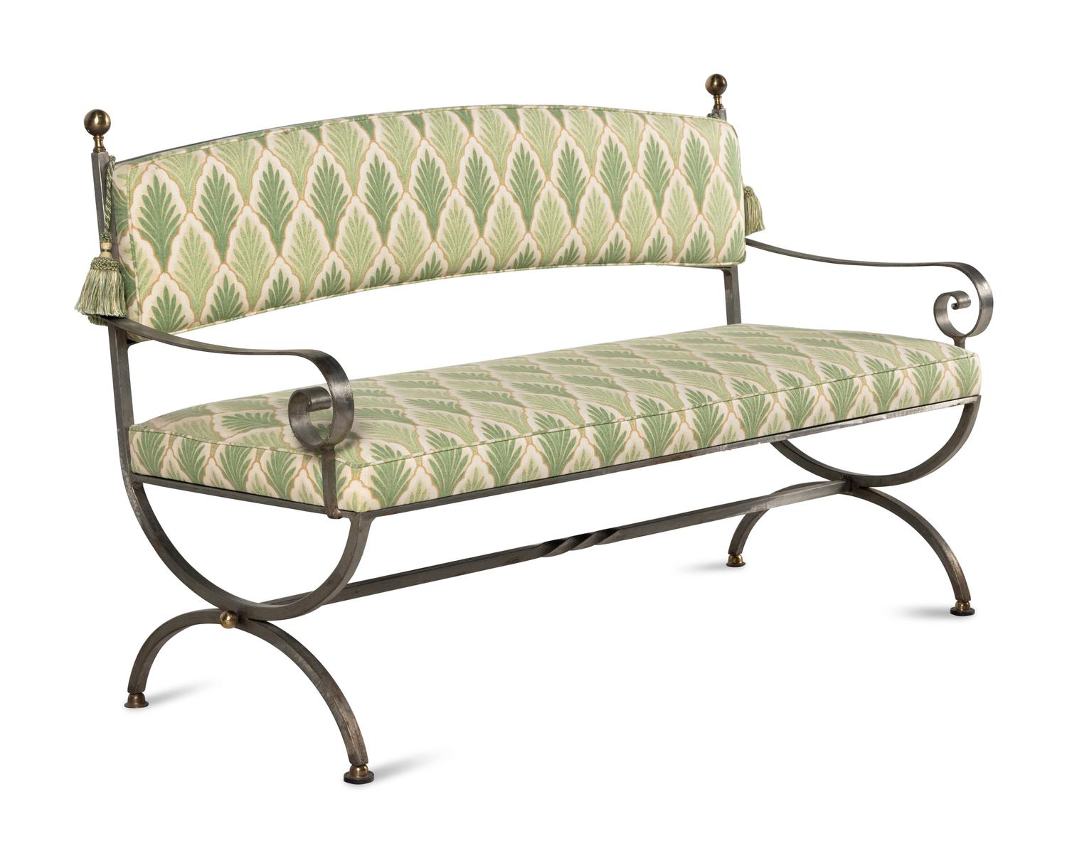 An Italian Iron and Brass Upholstered Bench