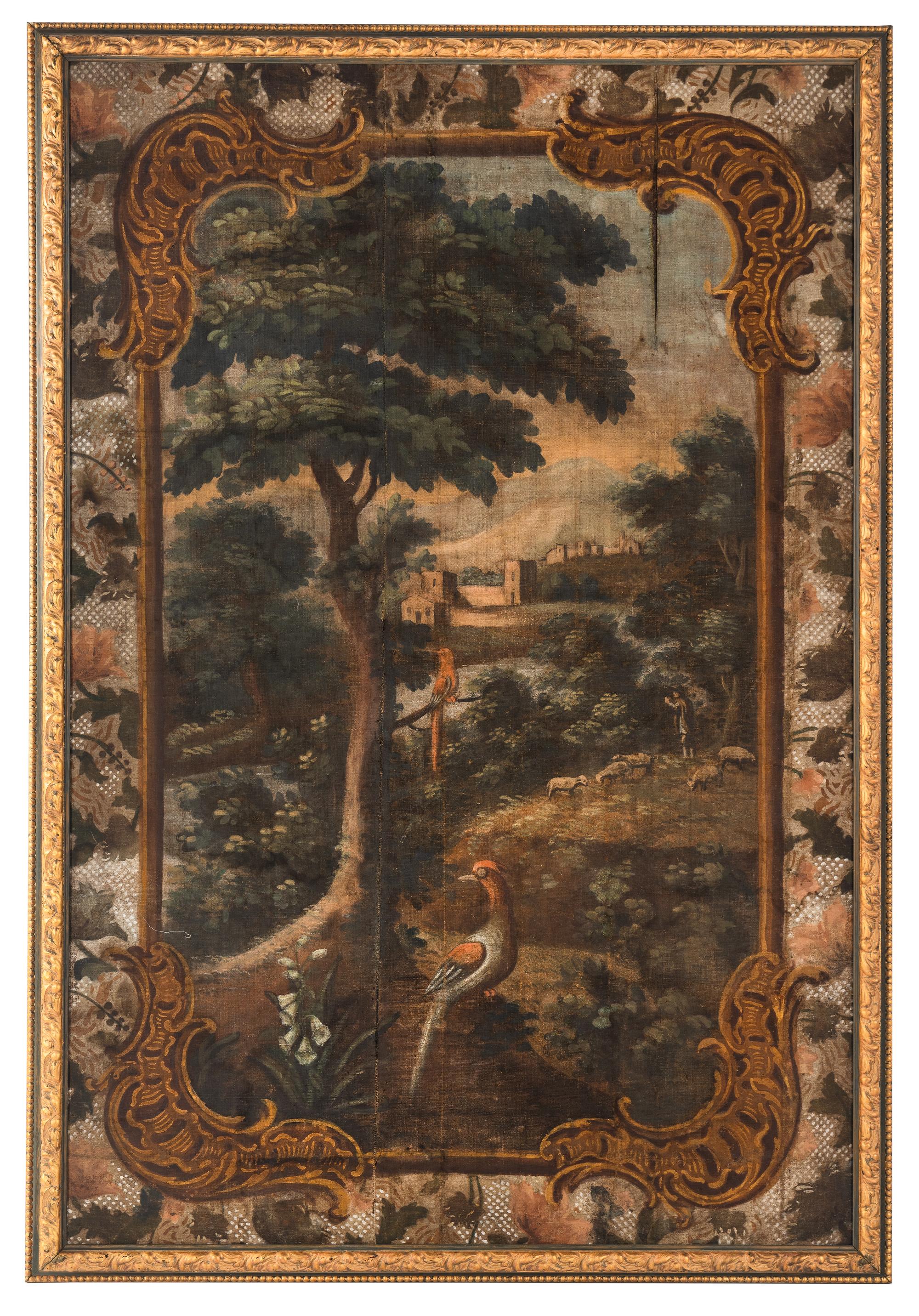 A French Giltwood-Framed Painted Canvas Wall Panel