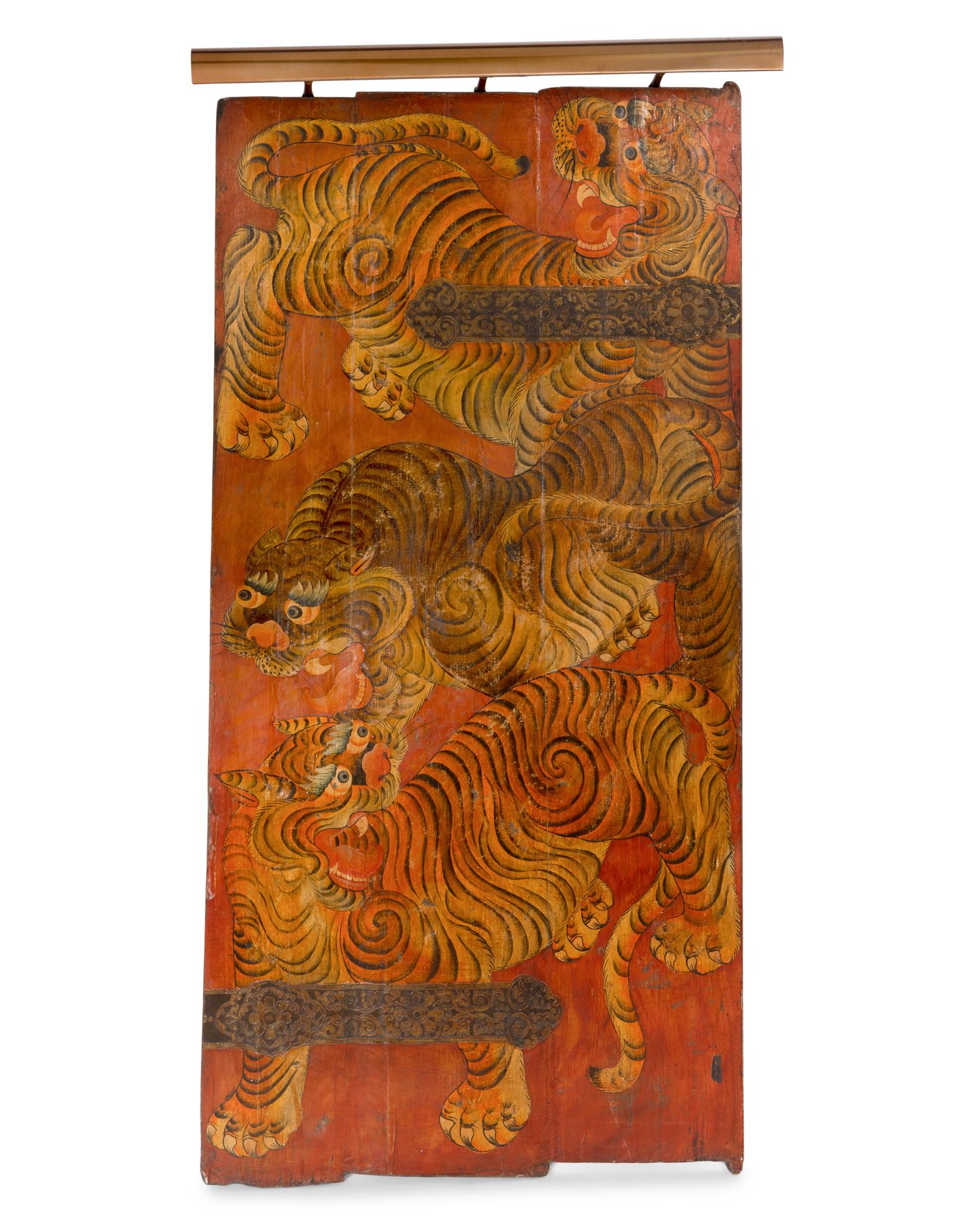 A Tibetan Polychrome Painted Tiger Door