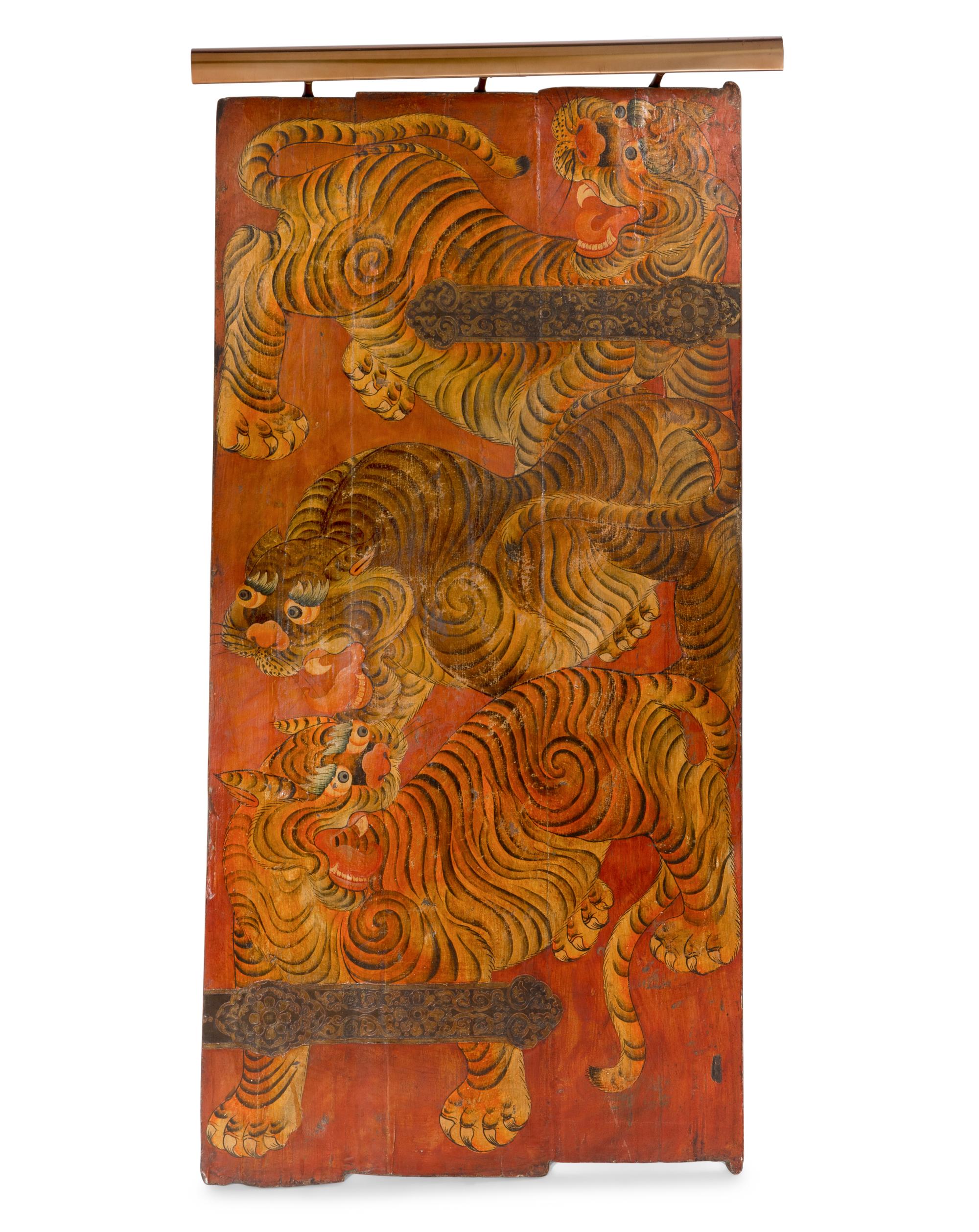 A Tibetan Polychrome Painted Tiger Door