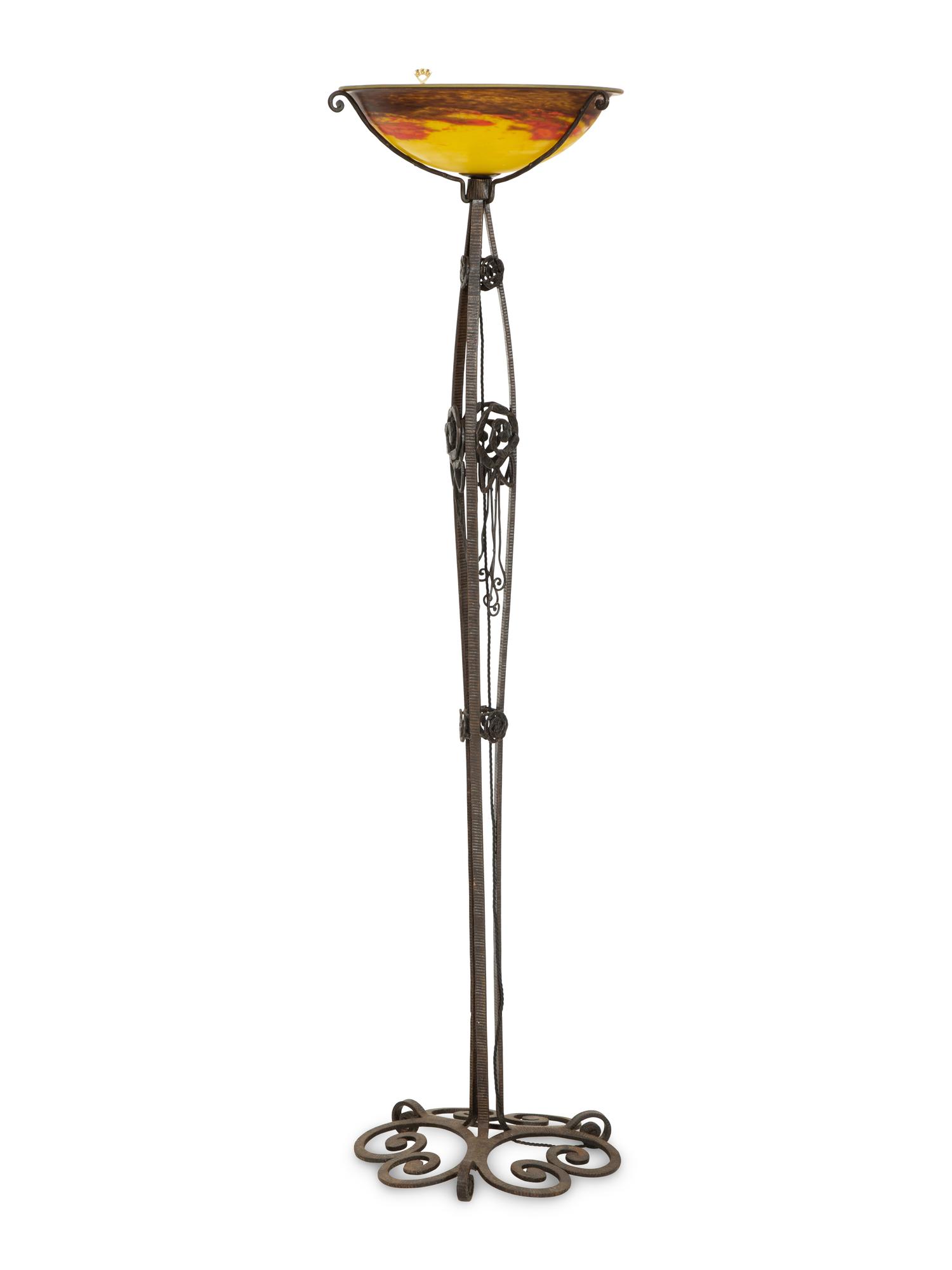 An Art Deco Wrought Iron and Glass Torchère by Degue
