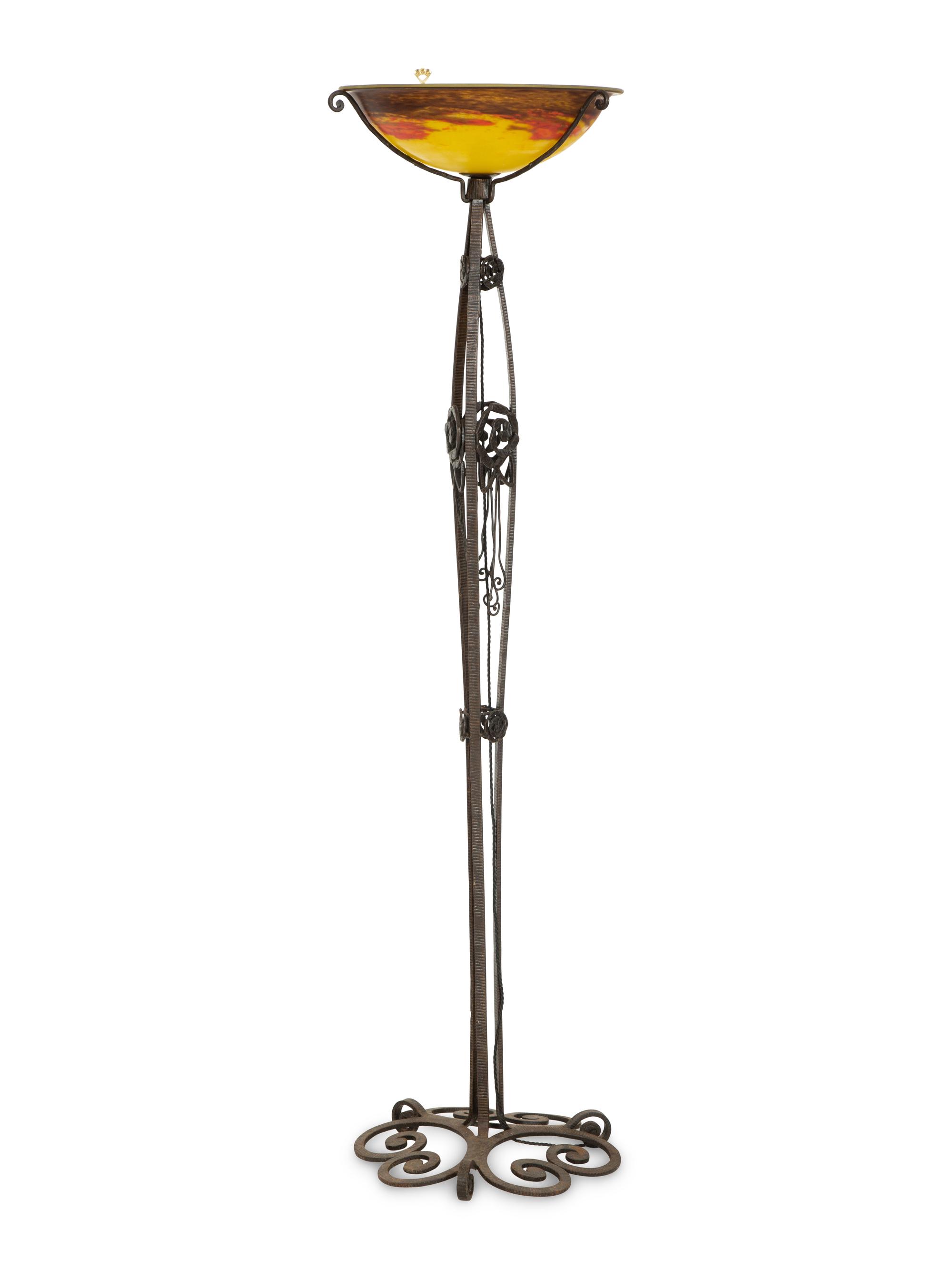 An Art Deco Wrought Iron and Glass Torchère by Degue
