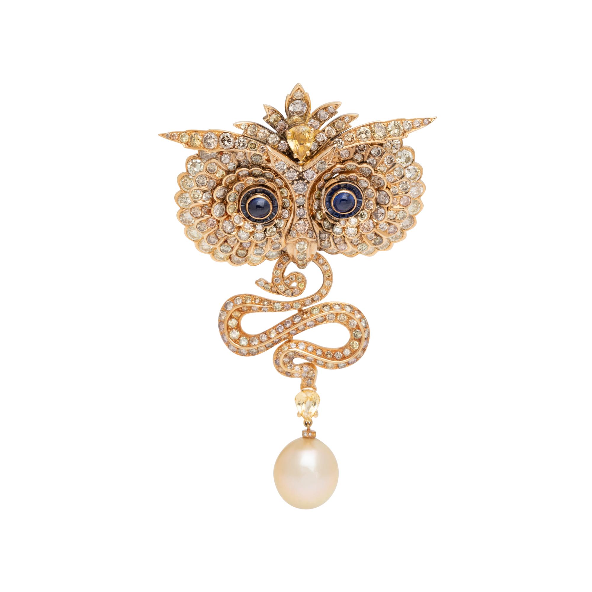 EVELYN CLOTHIER, CONVERTIBLE COLORED DIAMOND, SAPPHIRE AND CULTURED PEARL PENDANT/BROOCH