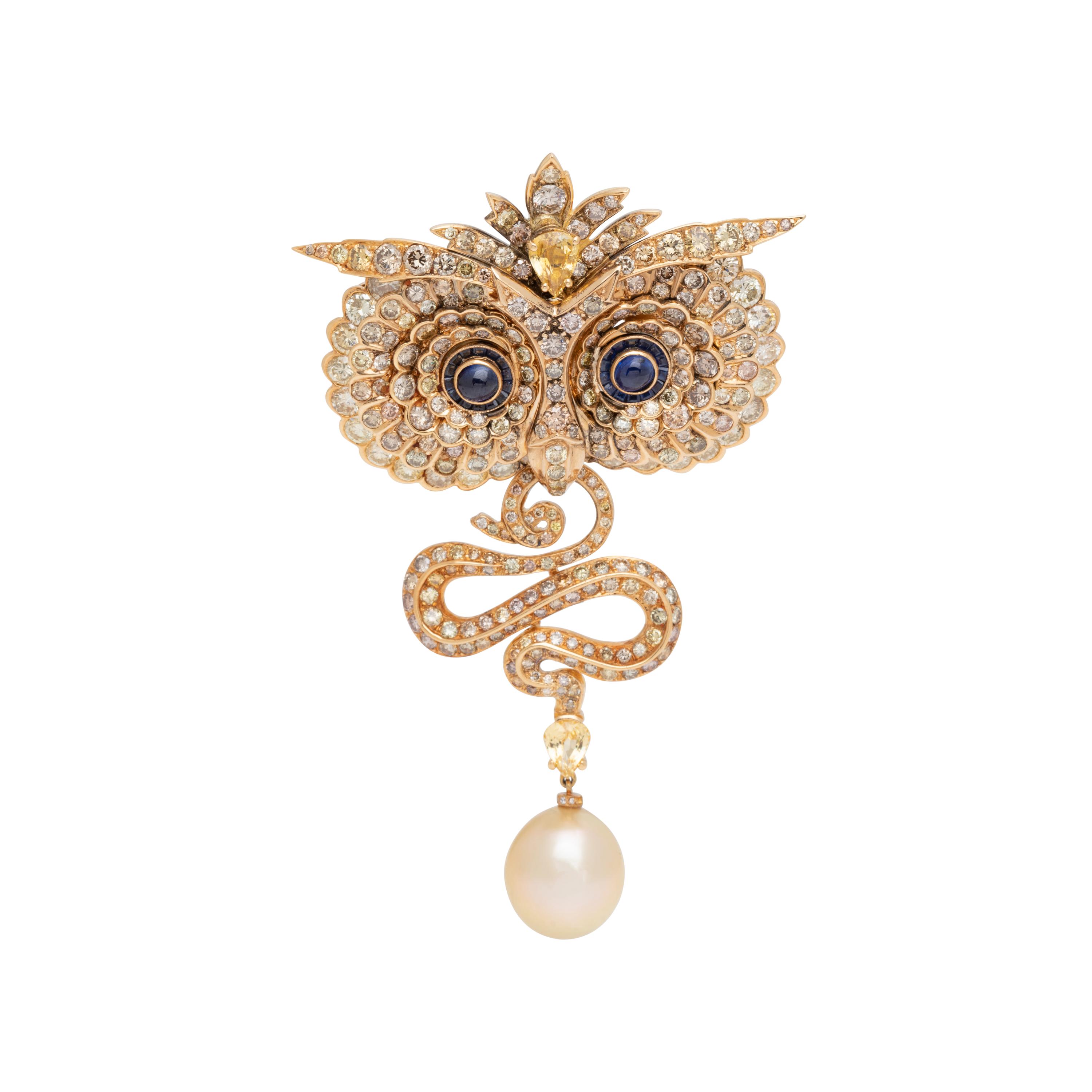 EVELYN CLOTHIER, CONVERTIBLE COLORED DIAMOND, SAPPHIRE AND CULTURED PEARL PENDANT/BROOCH