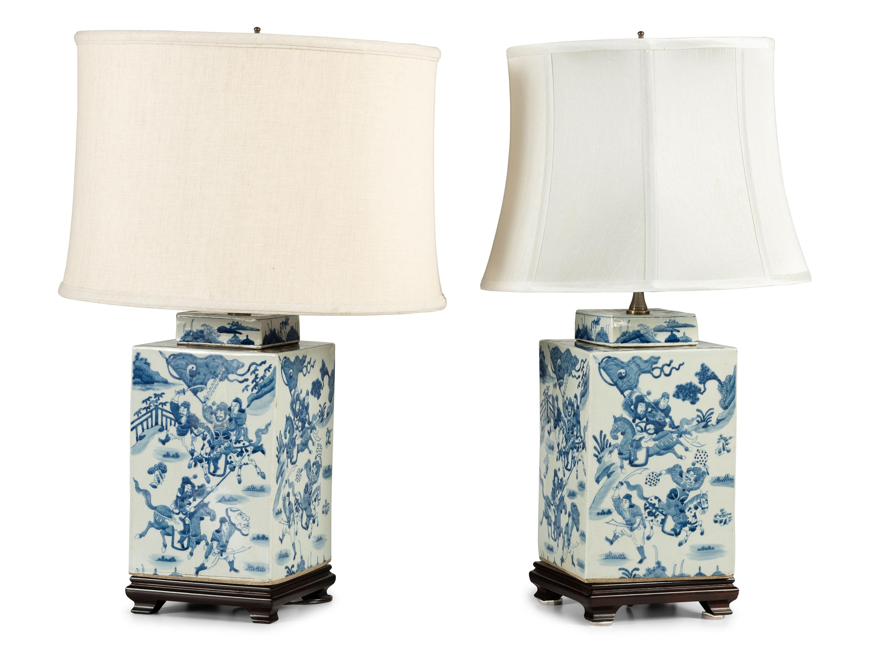 A Pair of Chinese Blue and White Porcelain Jars Mounted as Lamps