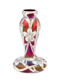 An Iridescent Silver Overlay Glass Vase, likely Loetz Height 4 inches.
