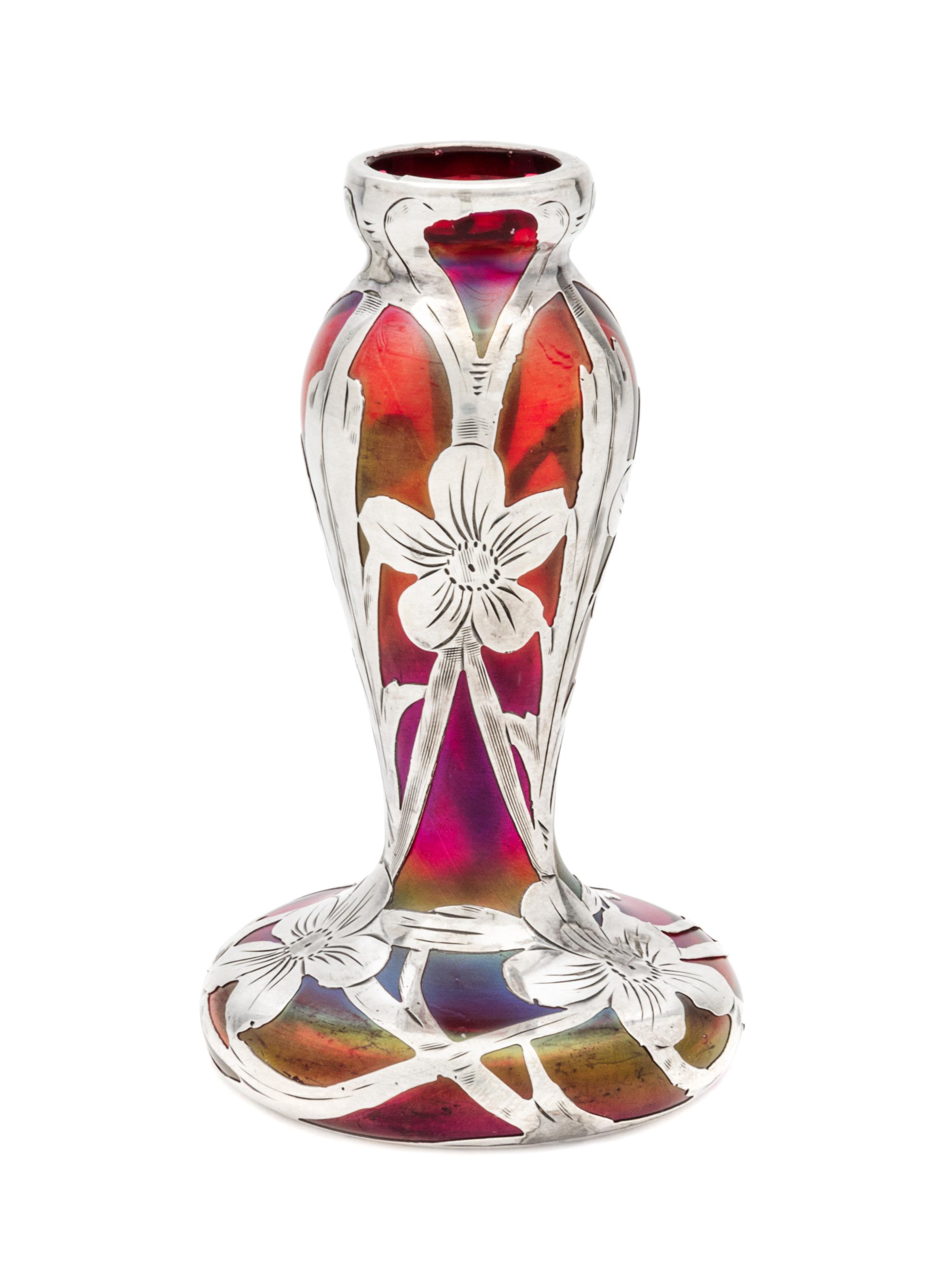 An Iridescent Silver Overlay Glass Vase, likely Loetz Height 4 inches.