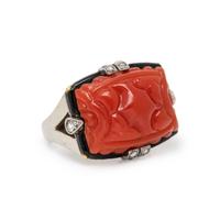 CARNELIAN, DIAMOND, AND ENAMEL RING