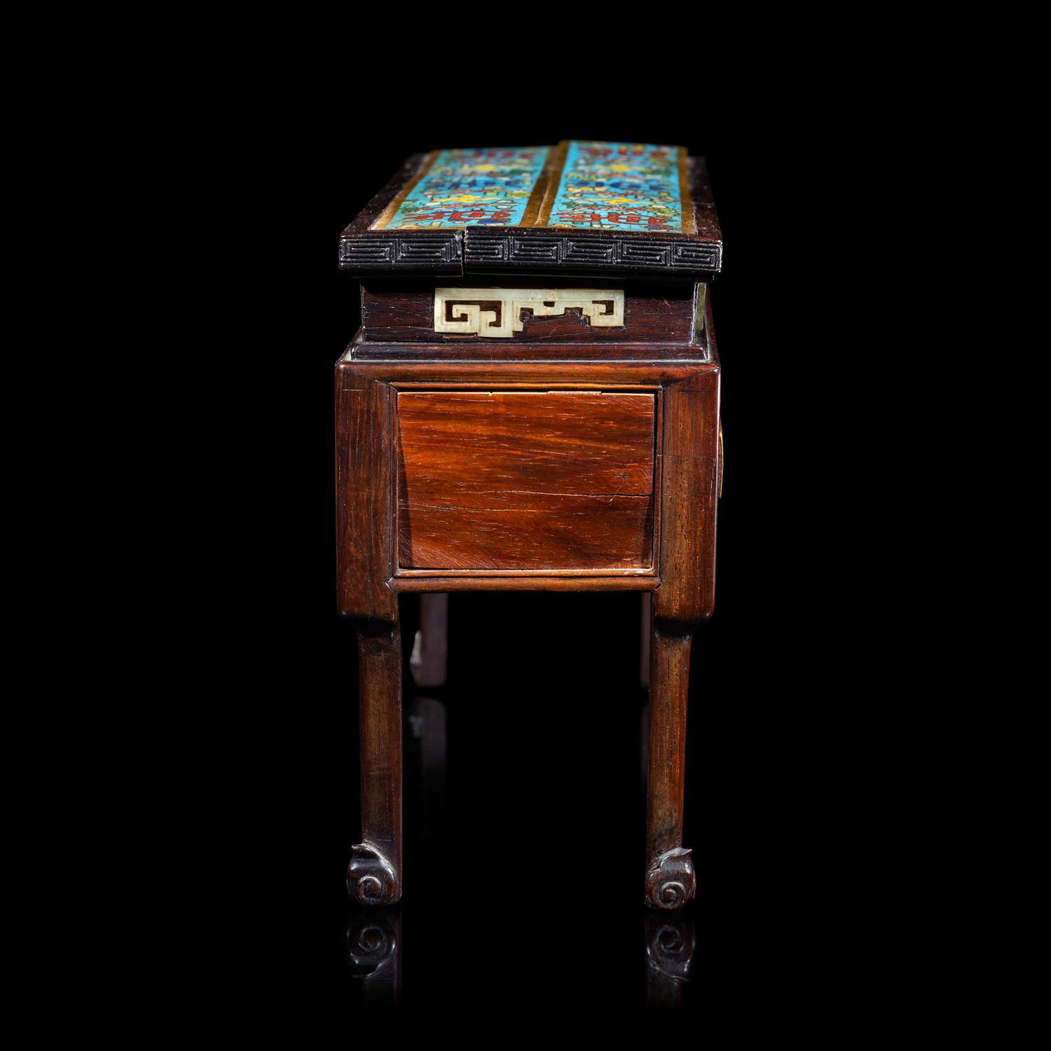 A Small Chinese Cloisonné Enamel Inset Hongmu Stand, Early 19th Century 清中期 紅木嵌掐絲琺琅供桌式帶屜座