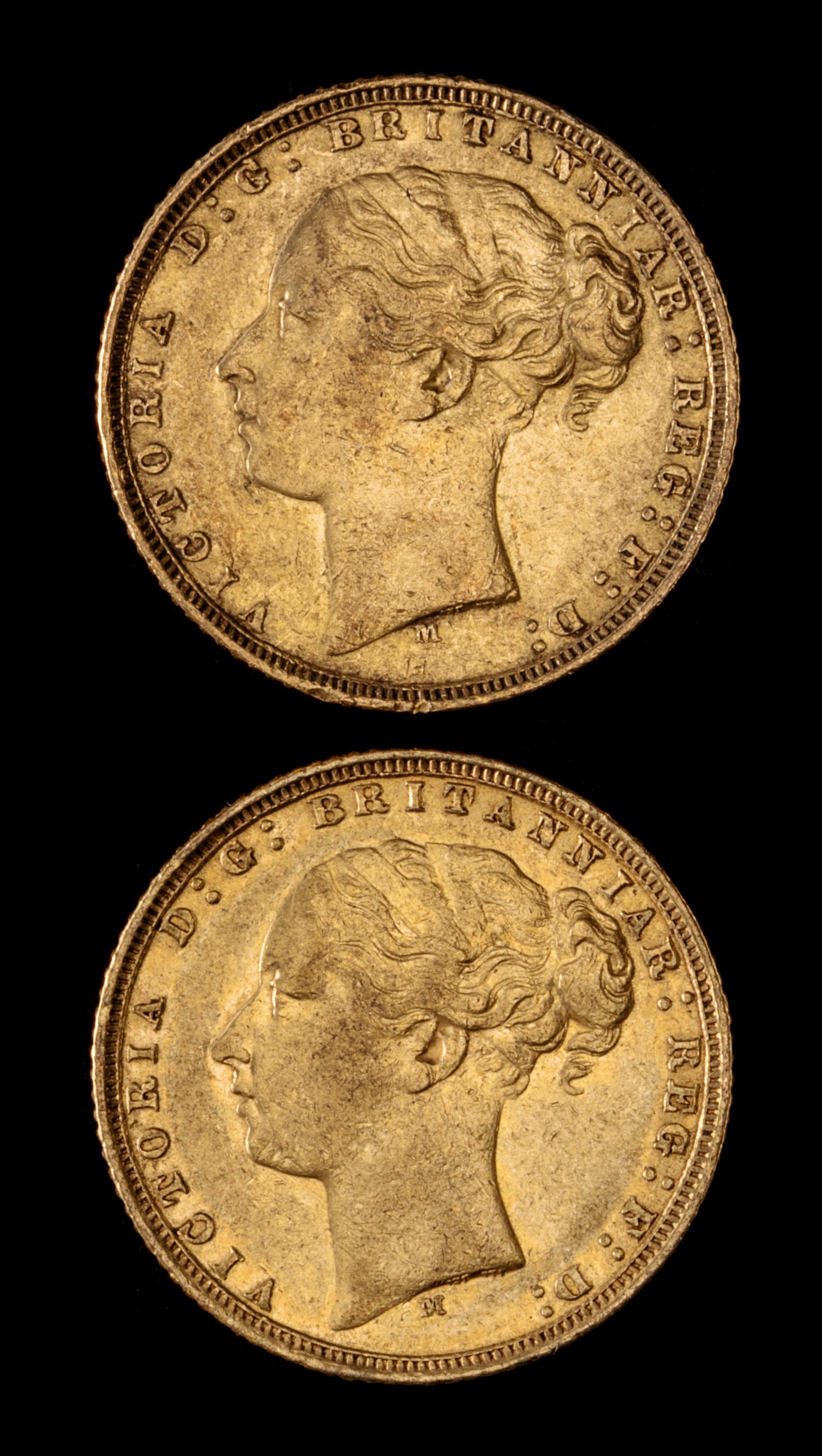 Two United Kingdom 1872-M Sovereign: Young Victoria-Melbourne Mint Gold Coin