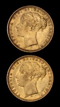 Two United Kingdom 1872-M Sovereign: Young Victoria-Melbourne Mint Gold Coin