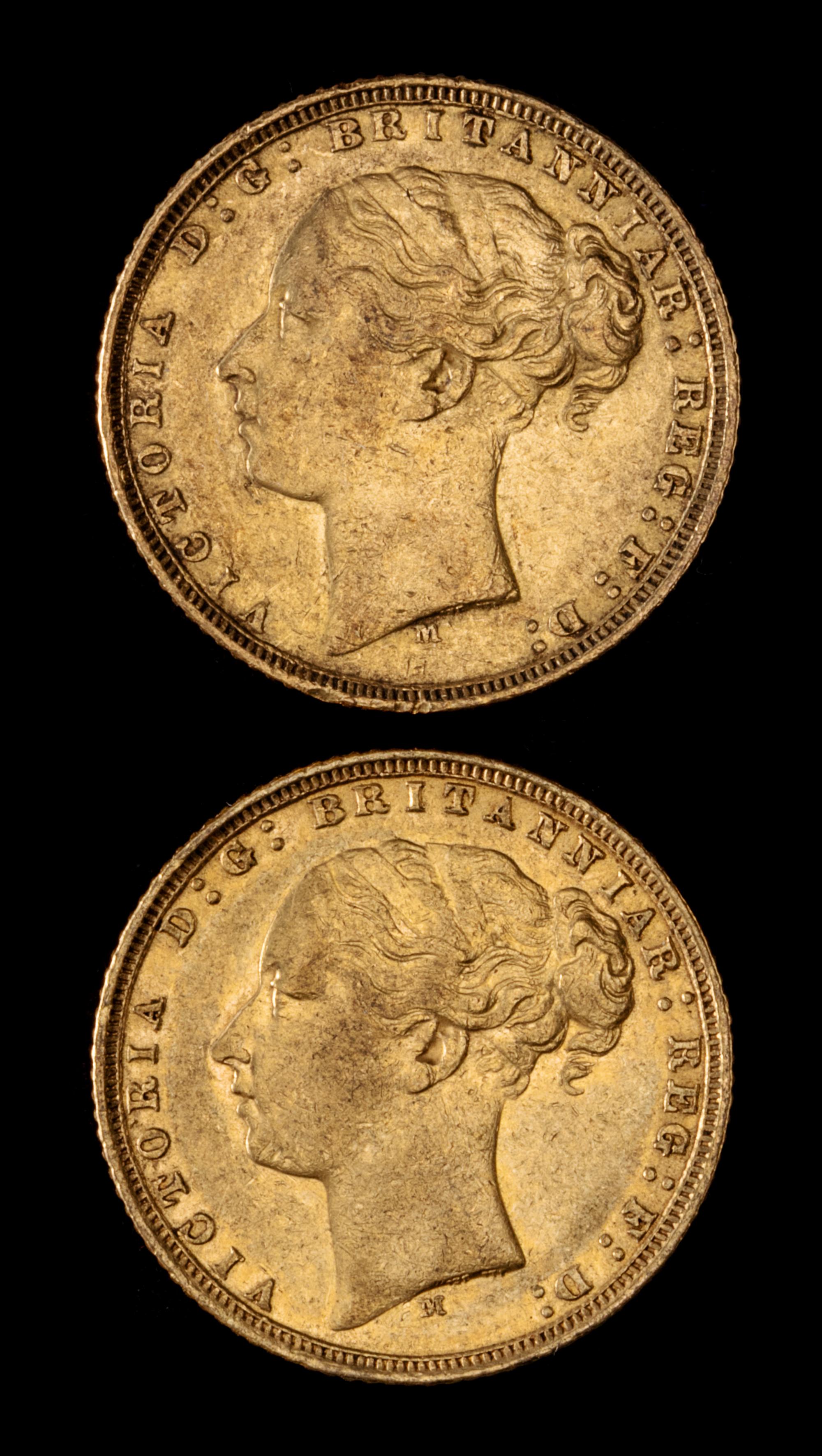 Two United Kingdom 1872-M Sovereign: Young Victoria-Melbourne Mint Gold Coin