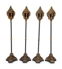 Four Italian Giltwood Gondola Lanterns on Ebonized Supports