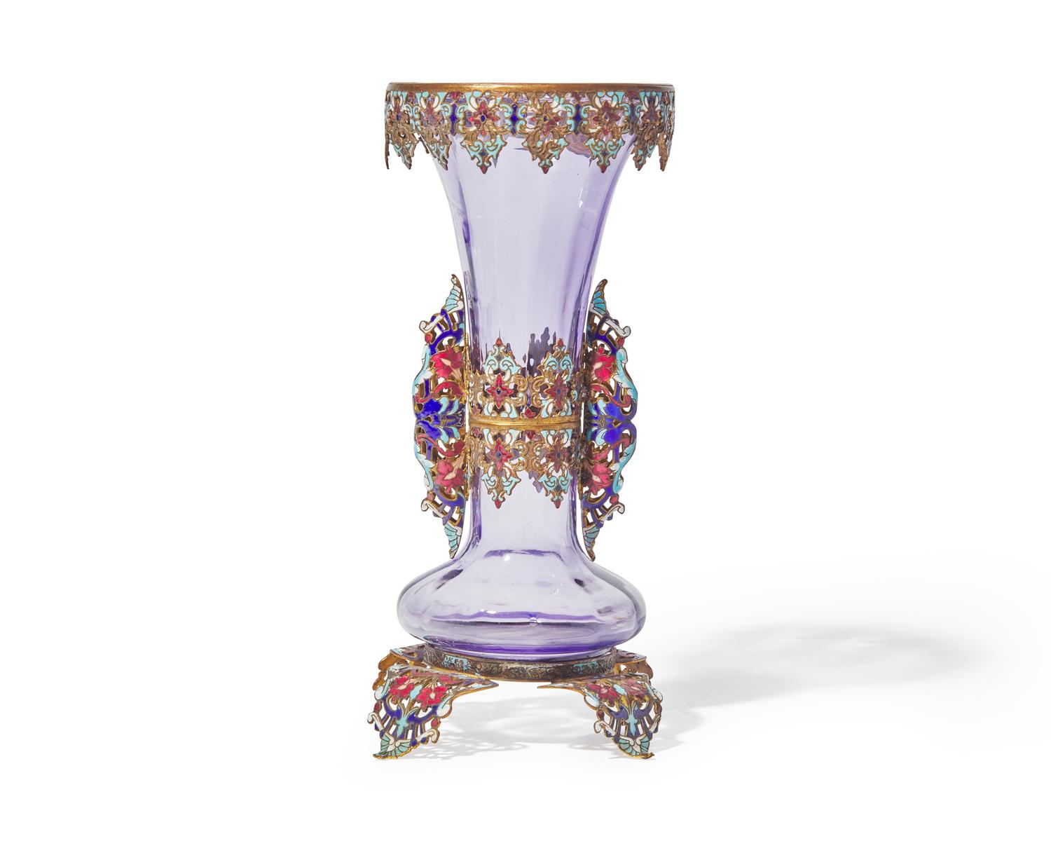 A French enameled and gilded metal-mounted amethyst glass vase, late 19th century