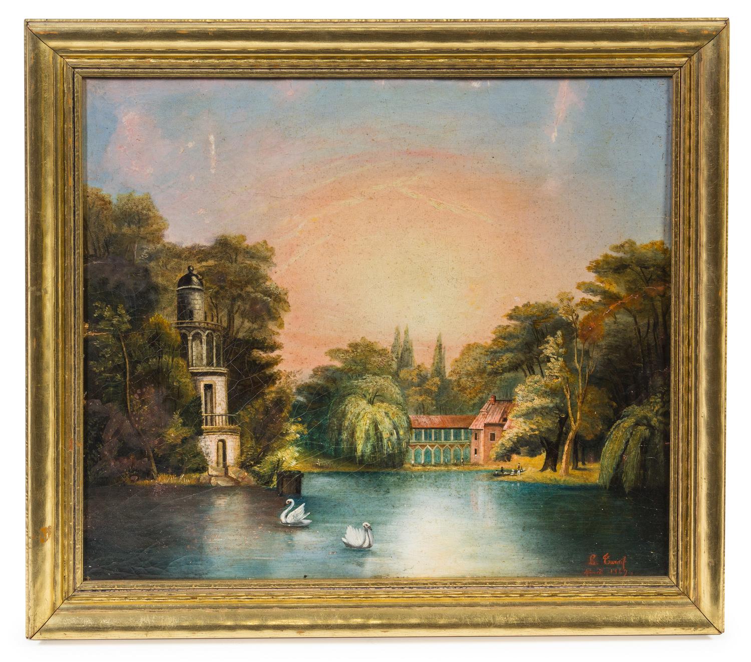 Artist Unknown, (French, 19th Century), Inlet with Buildings and Swans, 1849