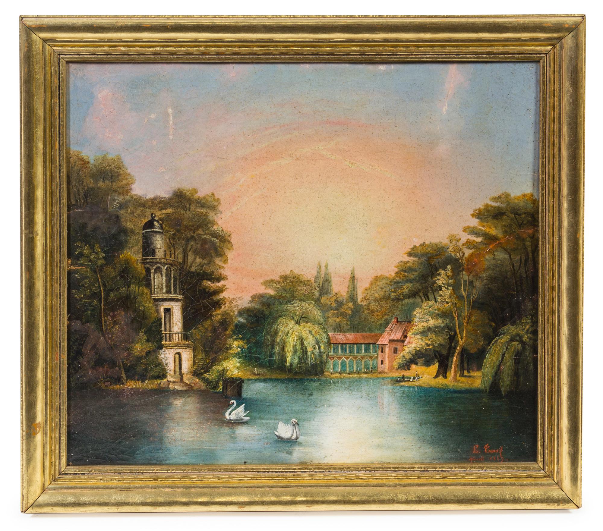Artist Unknown, (French, 19th Century), Inlet with Buildings and Swans, 1849